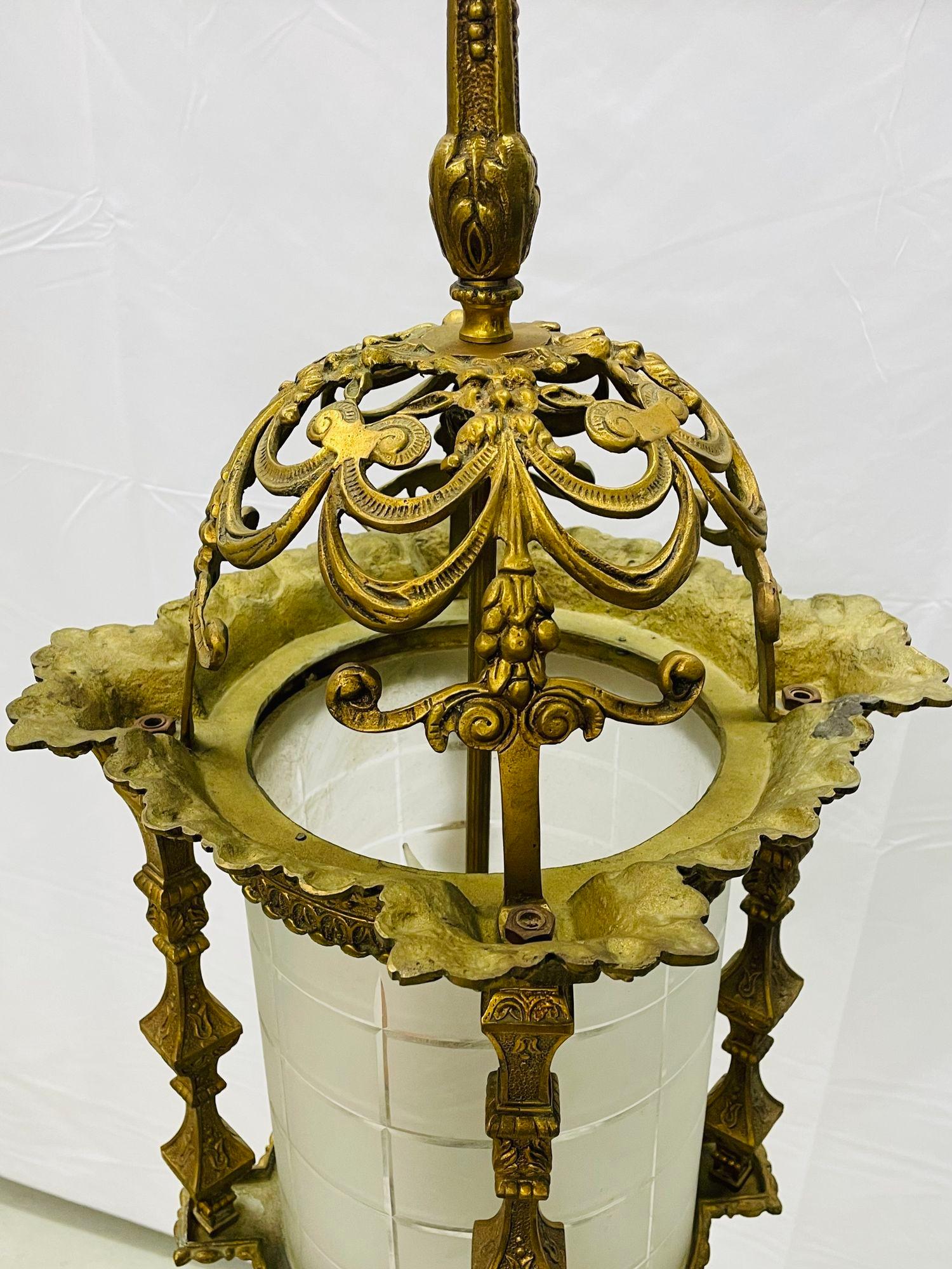 Empire Dore Lantern Chandelier, Frosted Etched Glass, 19th Century, Solid Bronze In Good Condition For Sale In Stamford, CT