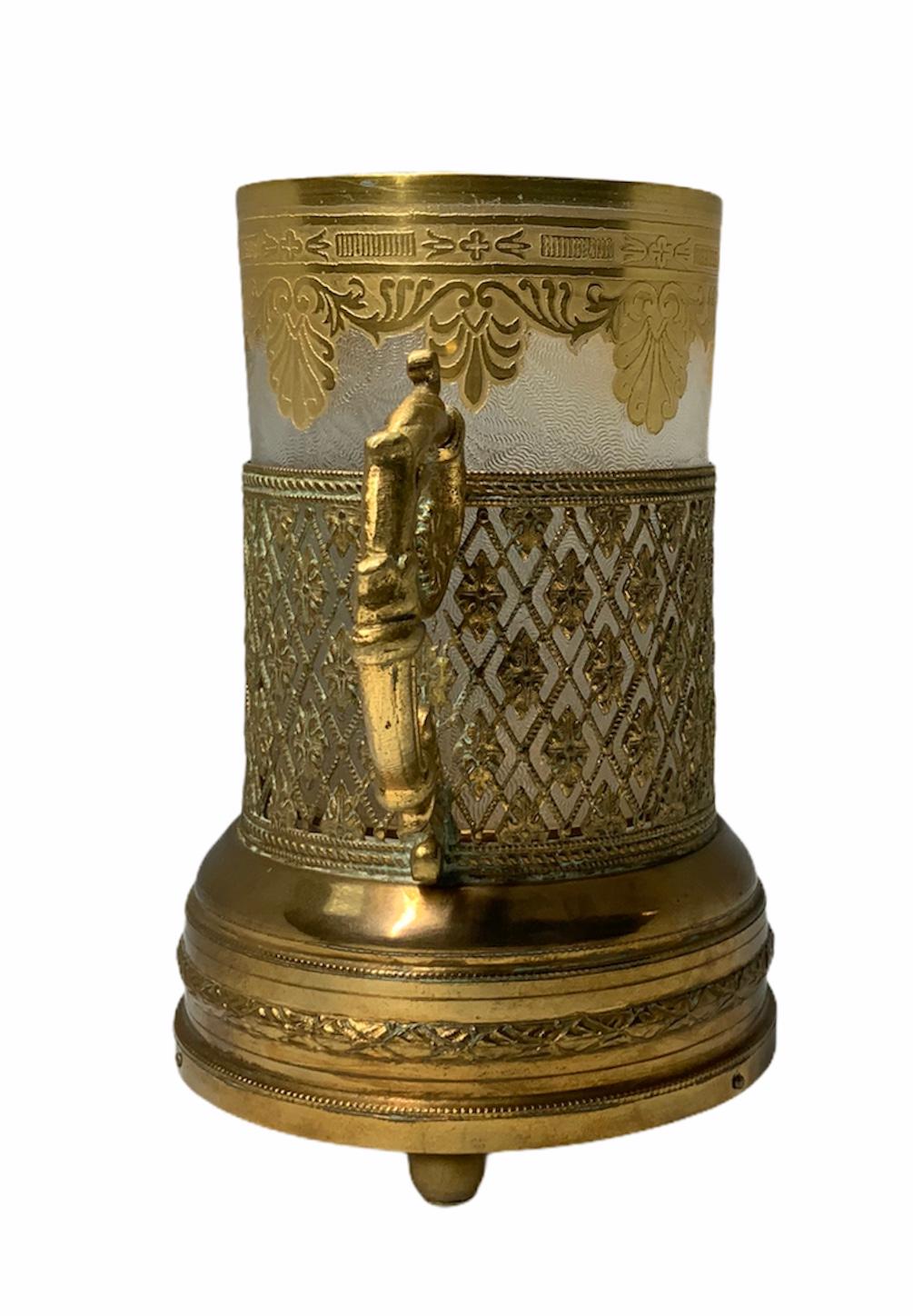 20th Century Empire Doré Saint Louis Crystal Etched Tumbler Glass Gilt Brass Music Box Holder For Sale