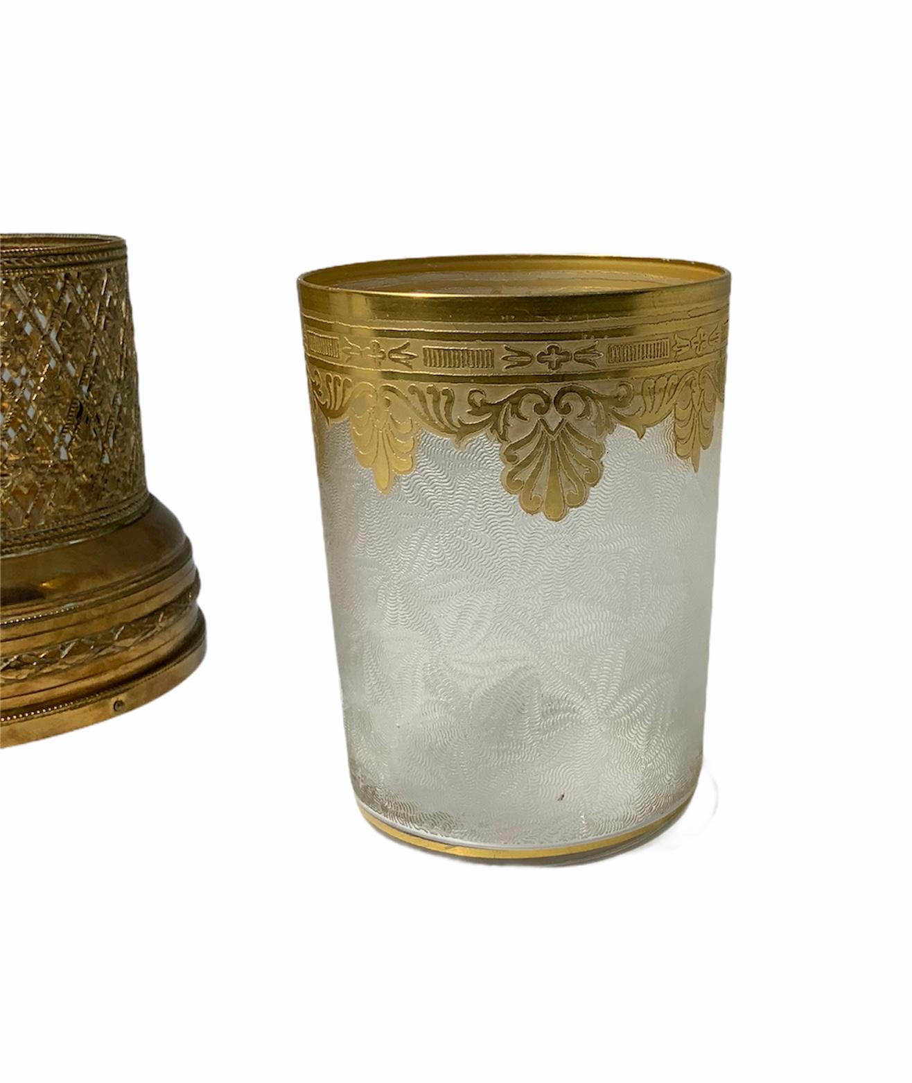 Empire Doré Saint Louis Crystal Etched Tumbler Glass Gilt Brass Music Box Holder For Sale 3