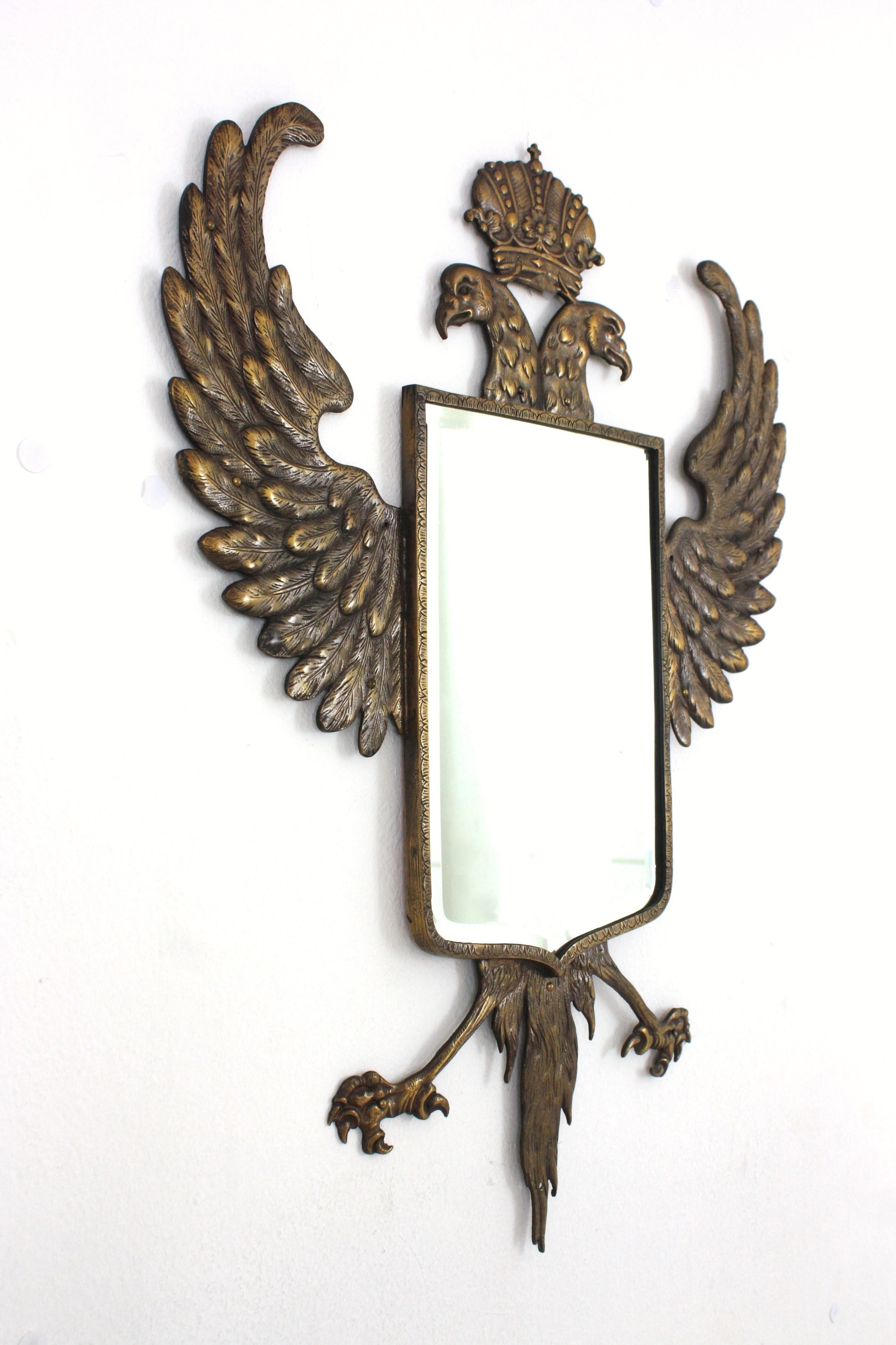 Spanish Empire Double Headed Eagle Bronze Wall Mirror, 1940s For Sale