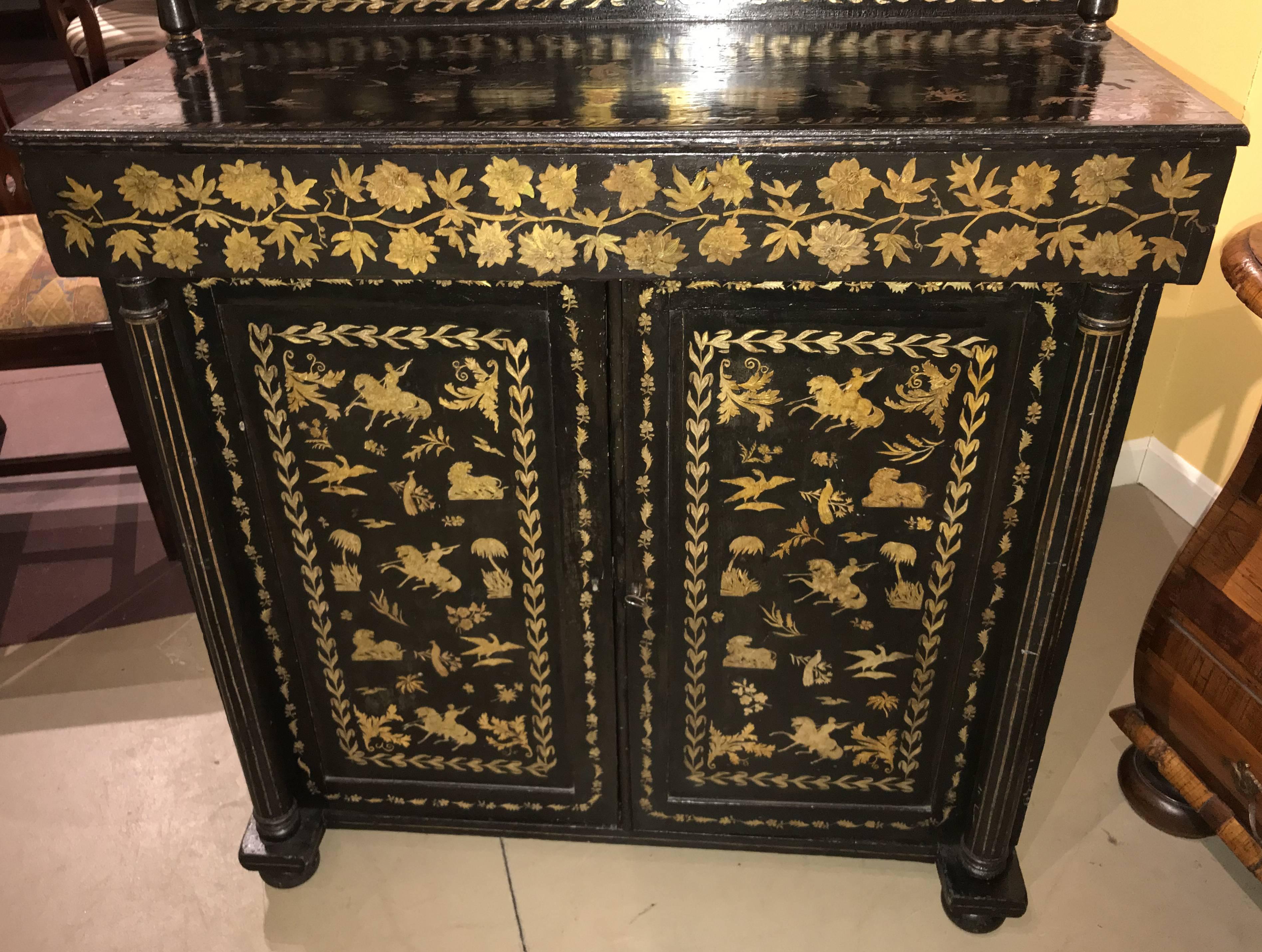 English Empire Ebonized Chiffonier with Gilt Figural and Foliate Decoration