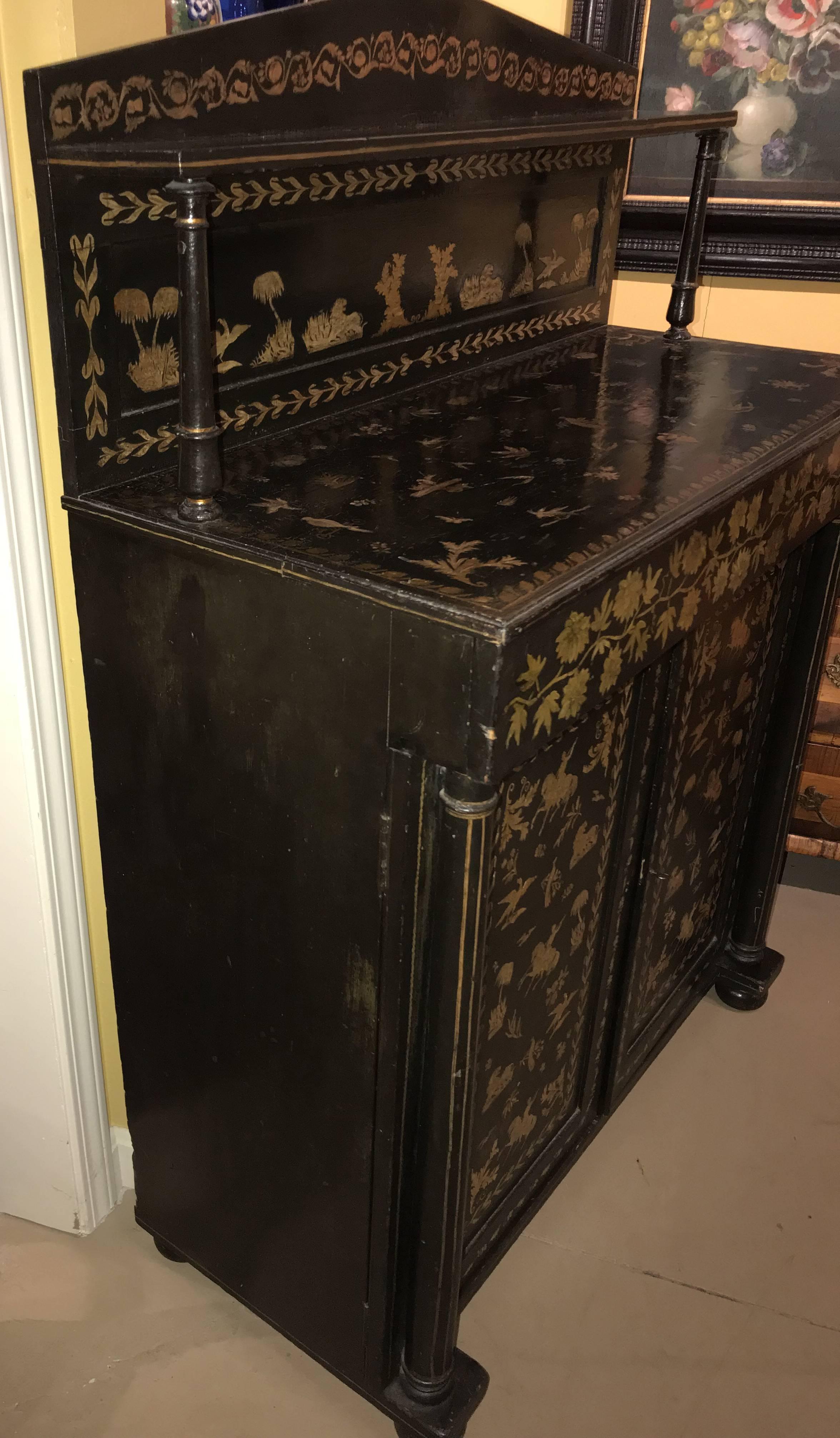 Empire Ebonized Chiffonier with Gilt Figural and Foliate Decoration In Good Condition In Milford, NH
