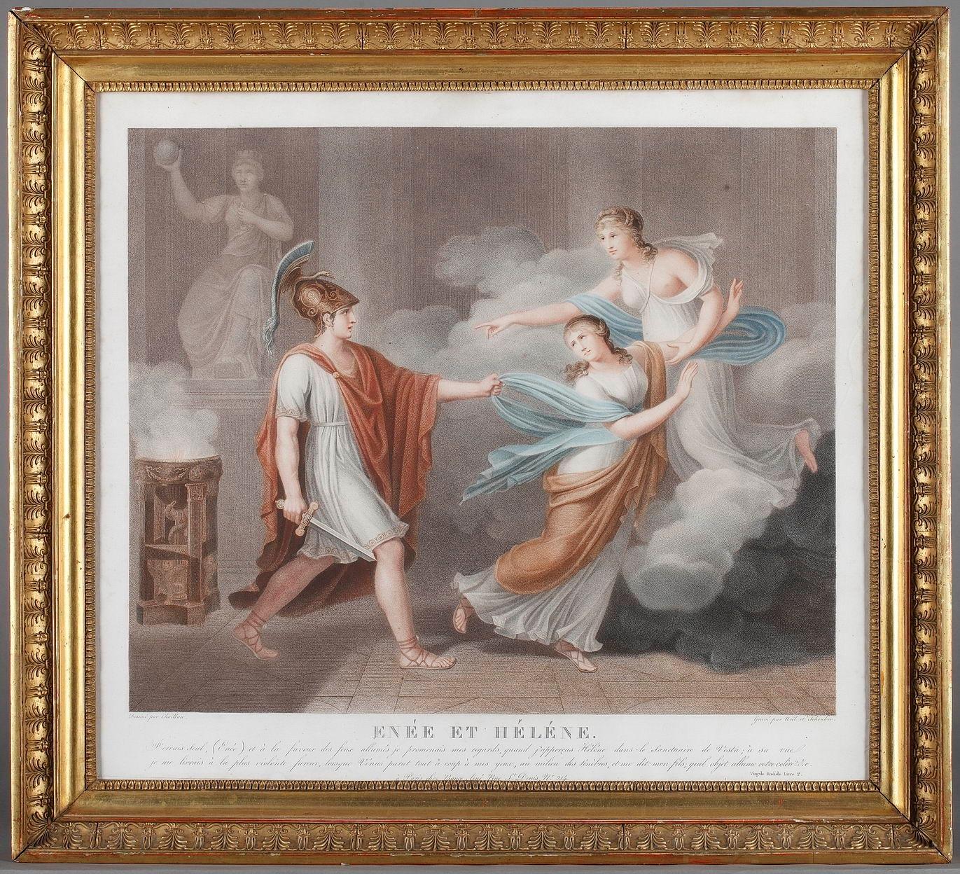 Paire of colored stipple engravings of mythological scenes, depicting Aeneas meeting Dido and Helen. In Greco-Roman mythology, Aeneas is a Trojan hero, whose story was written by Virgil in the epic poem, Aeneid. Each engraving is described by a