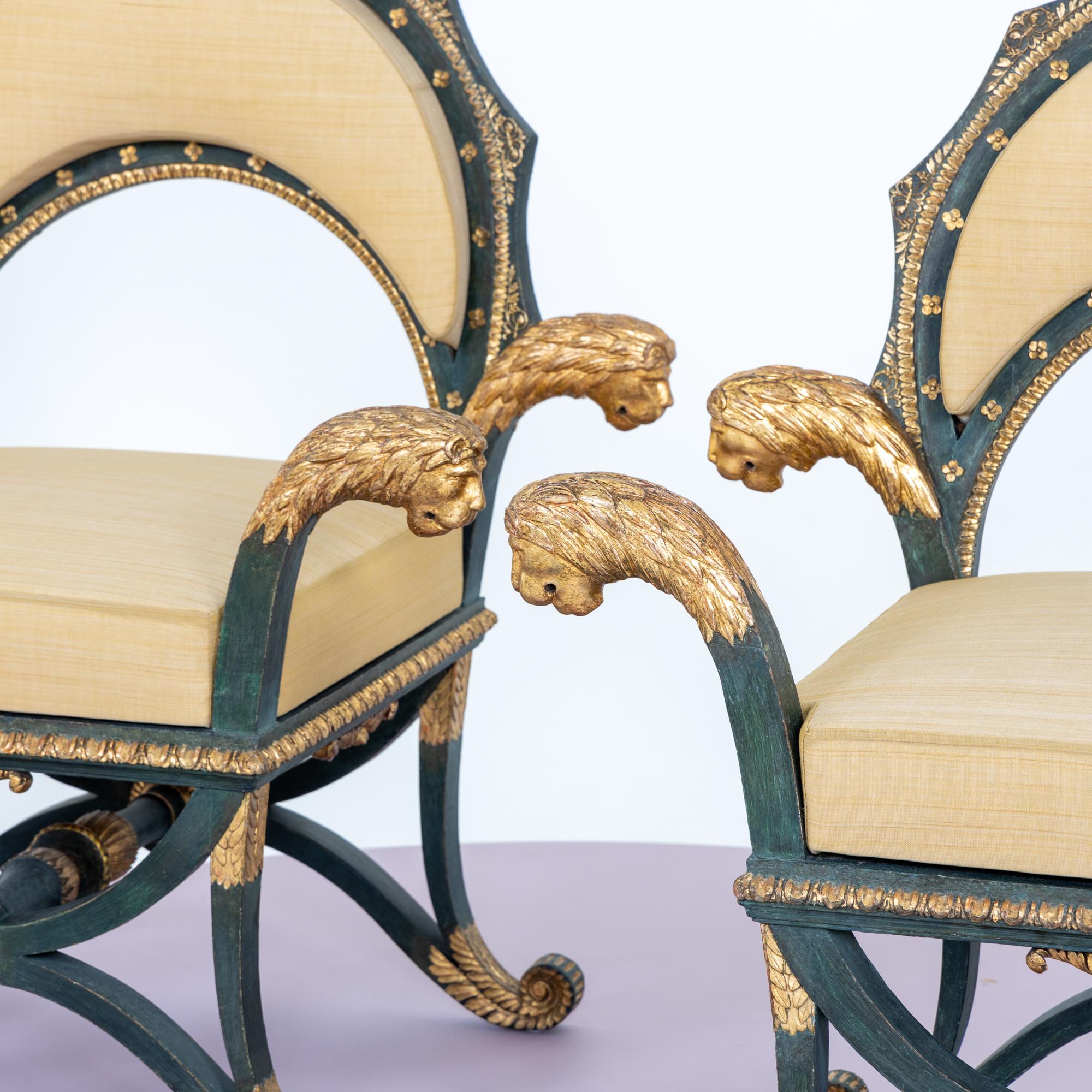 Hungarian Empire Fauteuils 'd'Officier' with Lion Heads, Budapest, circa 1805/10 For Sale
