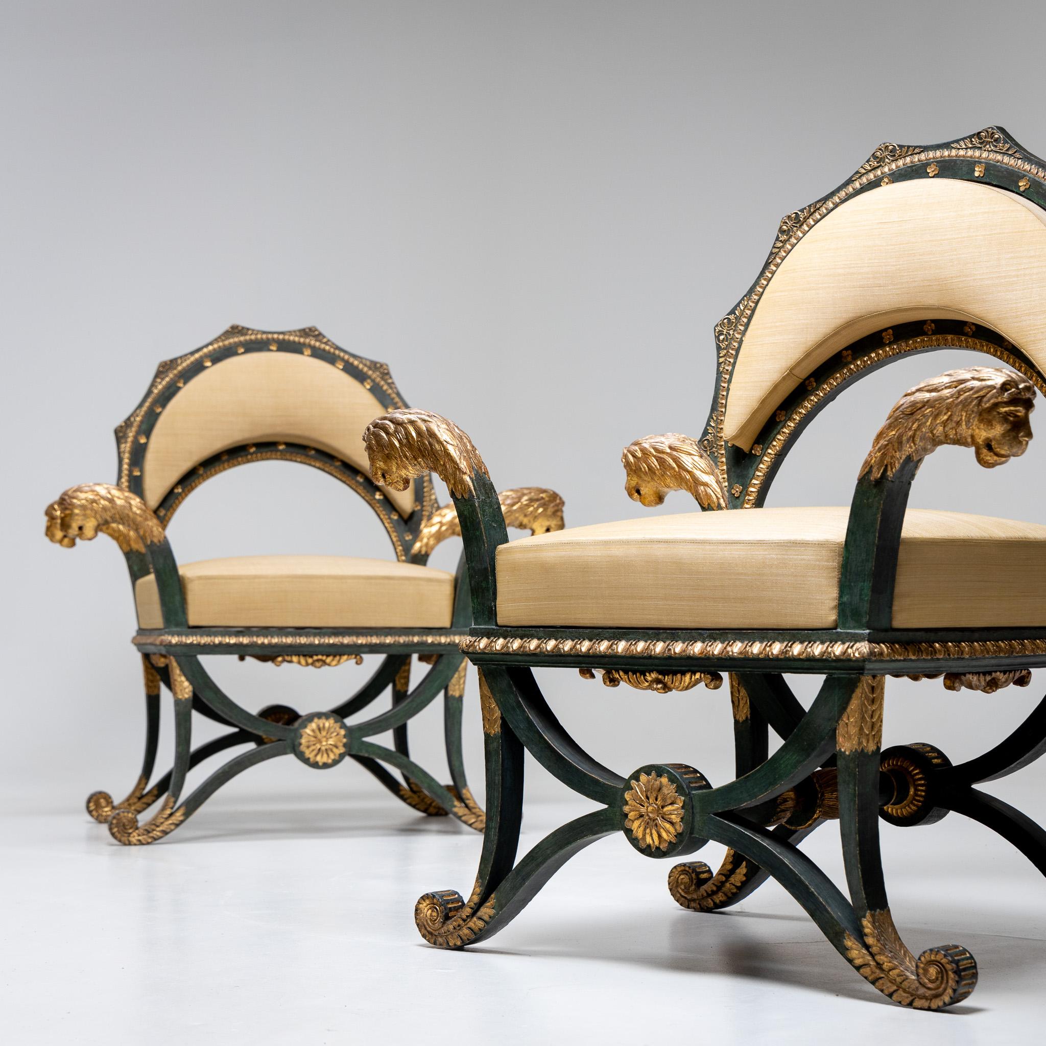 Hungarian Empire Fauteuils 'd'Officier' with Lion Heads, Budapest, circa 1805/10 For Sale