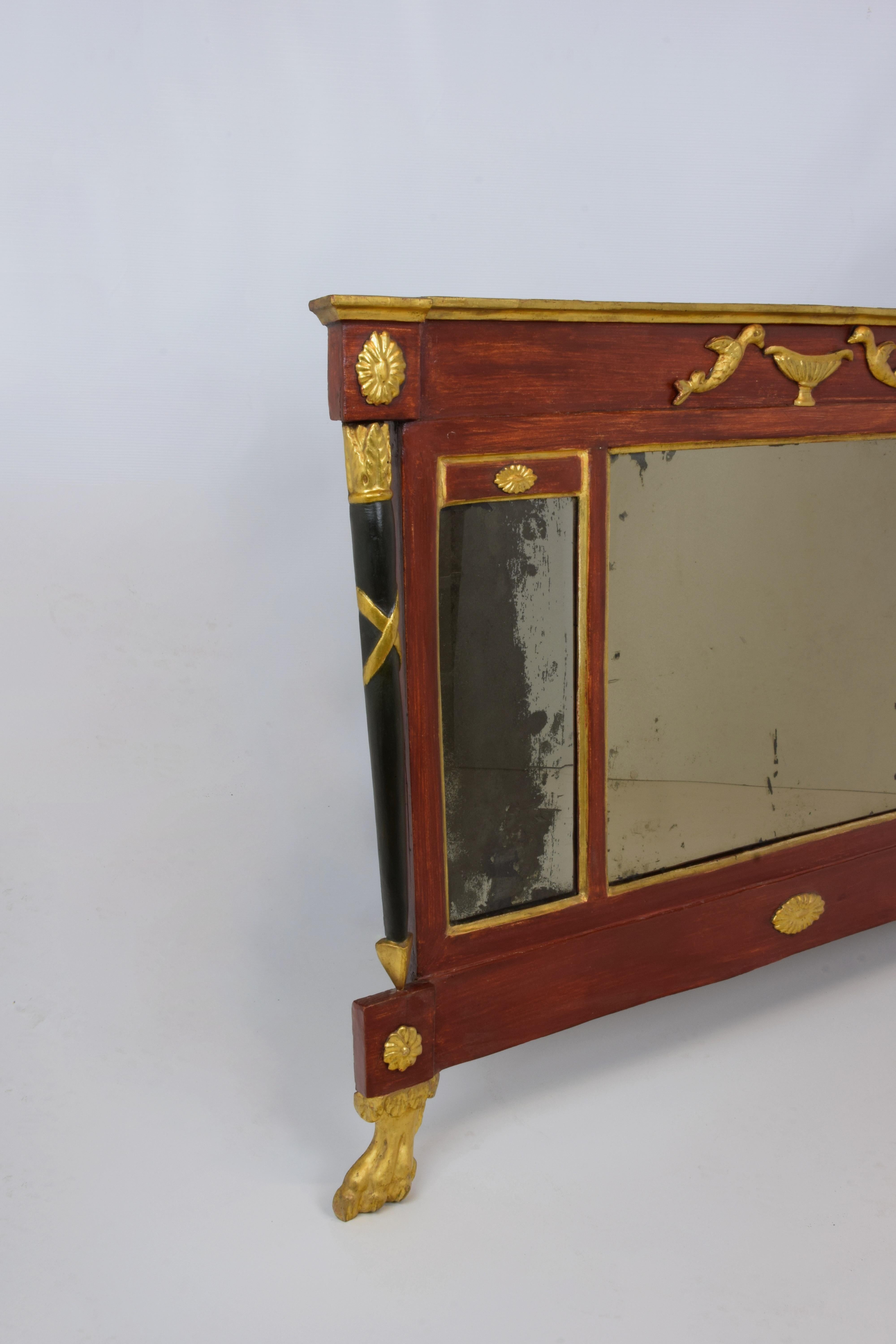 Laqué Miroir de cheminée Empire rouge pompéien avec décorations dorées en vente