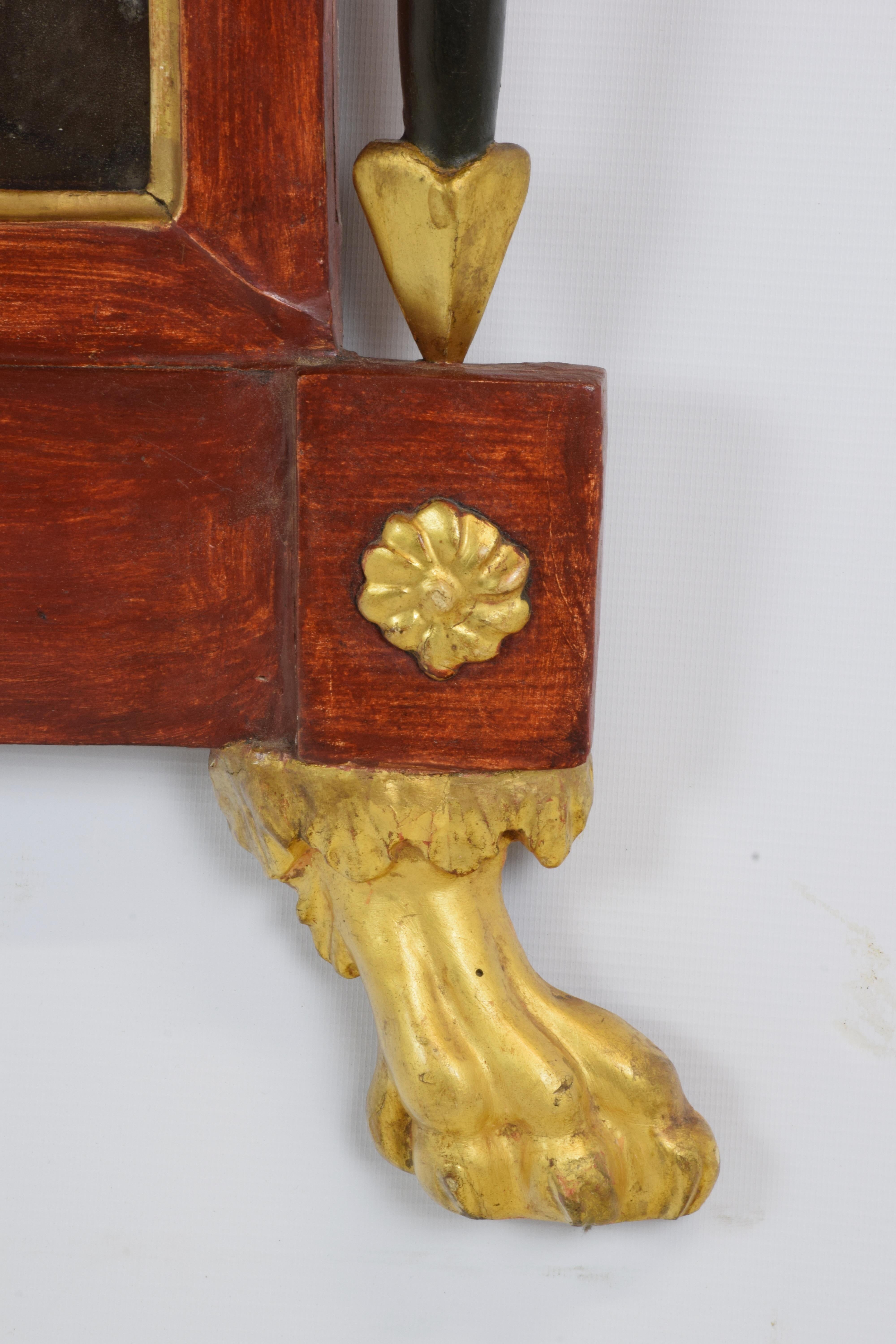 Miroir de cheminée Empire rouge pompéien avec décorations dorées en vente 2