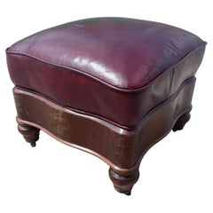 Antique Empire Flame Mahogany Ottoman Footstool Stool on Casters, Leather Upholstered