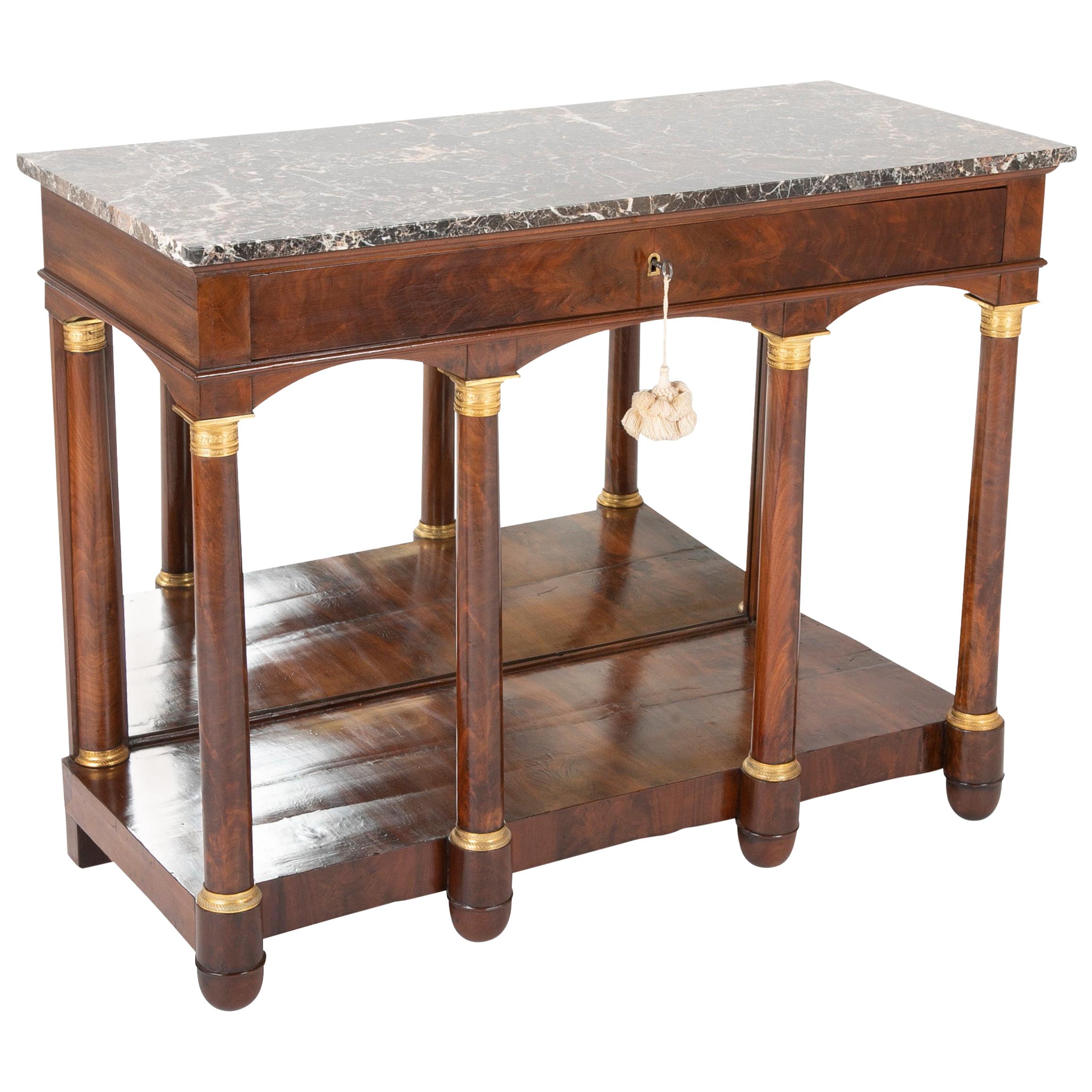 Empire French Gilt Metal Mahogany Mirror Back Table with Marble Top