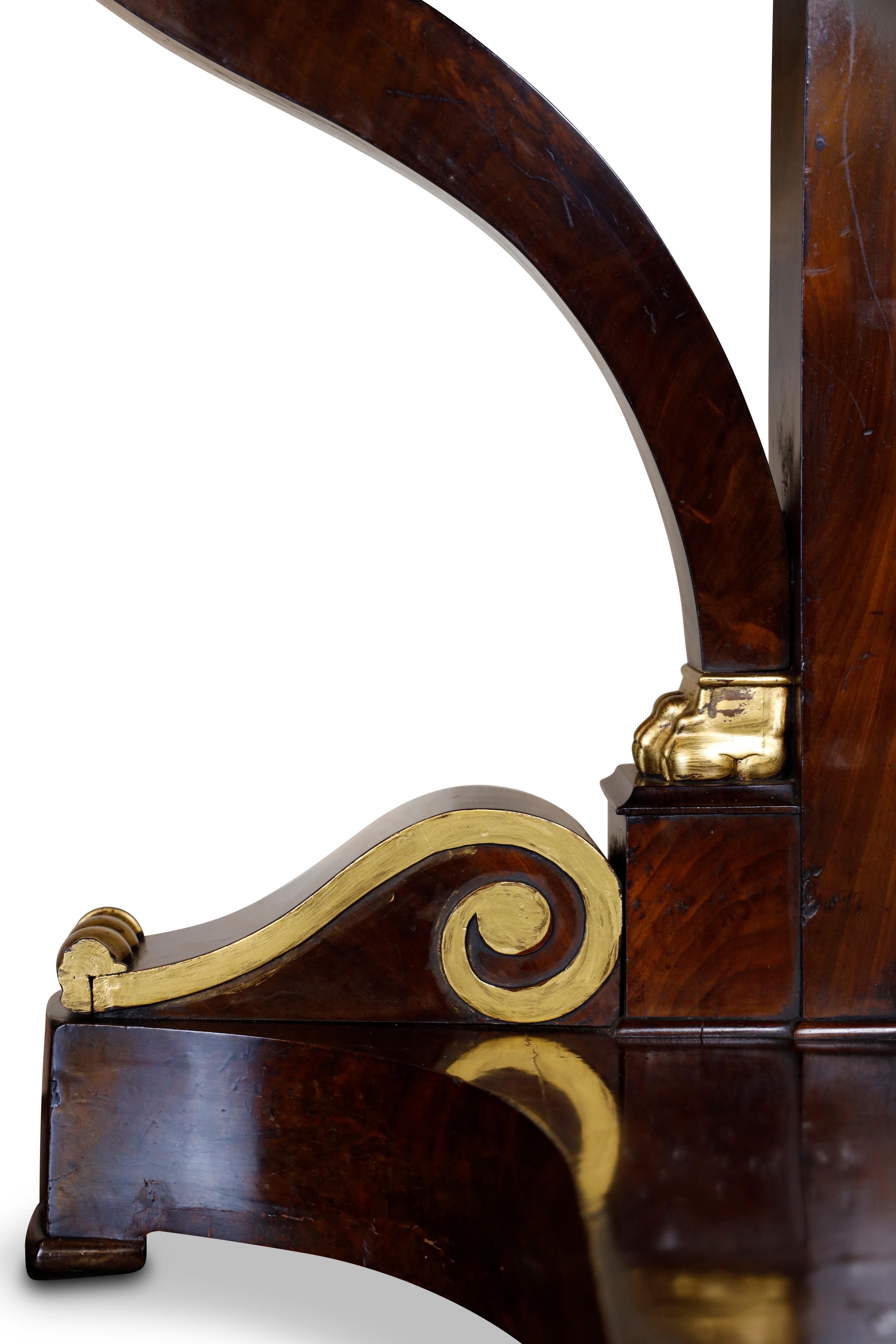 Second Empire French Mahogany and parcel gilt console table with varigated marble top and single drawer.