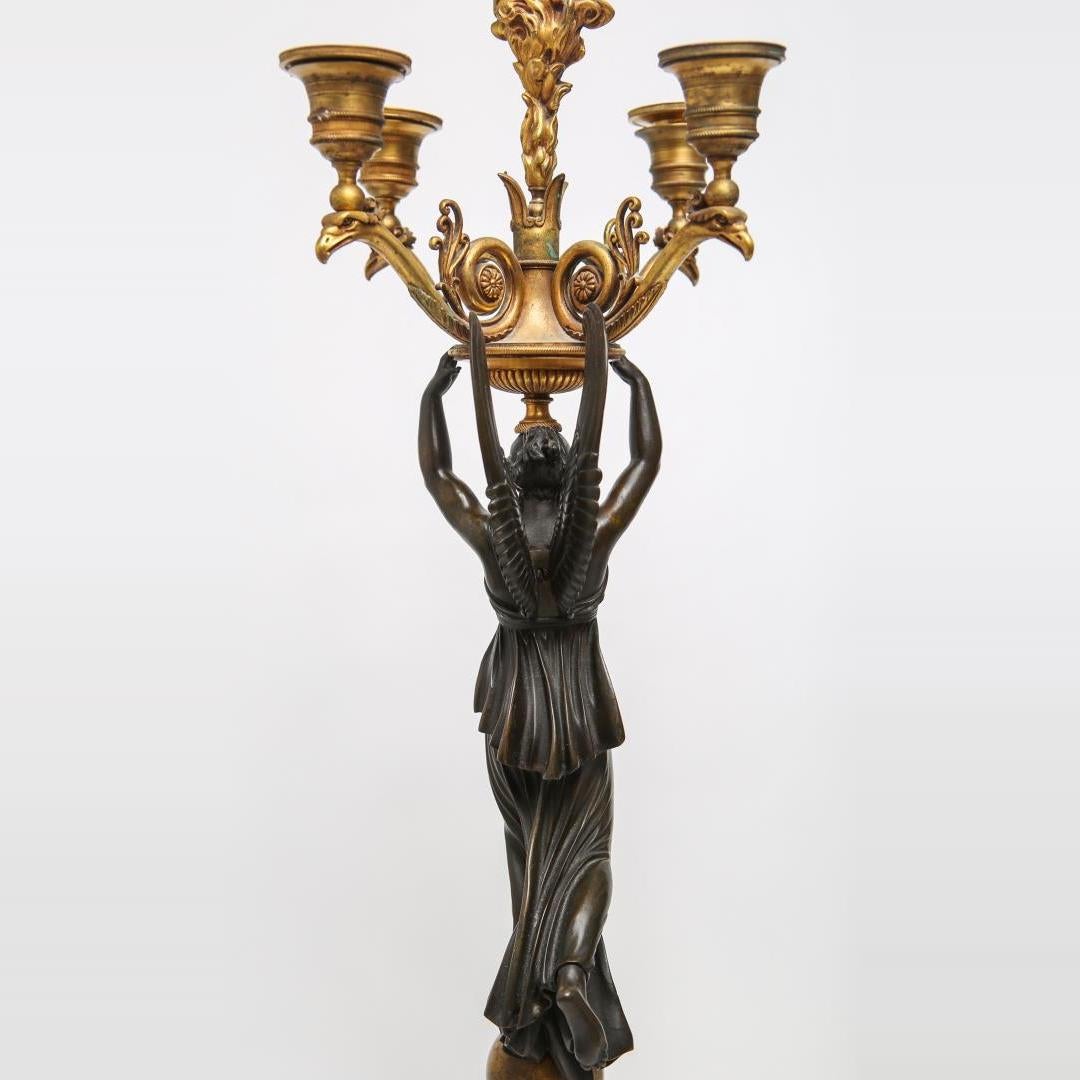 French Empire Gilt and Patinated Bronze Five-Light Candelabras in Victory-Form For Sale