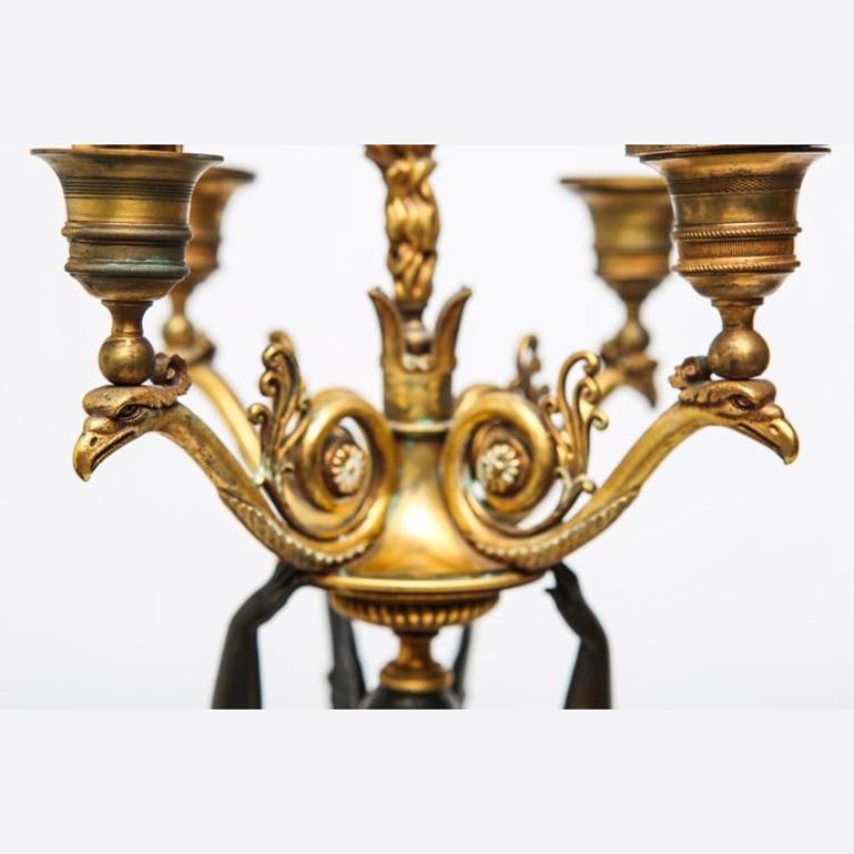 Empire Gilt and Patinated Bronze Five-Light Candelabras in Victory-Form For Sale 3