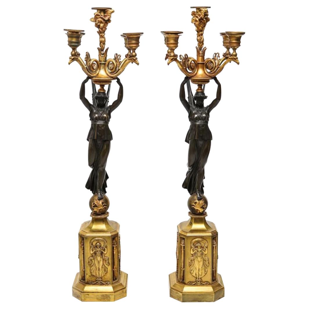 Empire Gilt and Patinated Bronze Five-Light Candelabras in Victory-Form For Sale