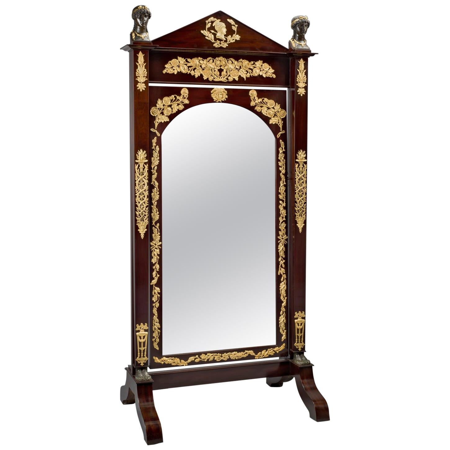 Empire Gilt and Patinated Bronze Mounted Mahogany Cheval Mirror, circa 1820 For Sale