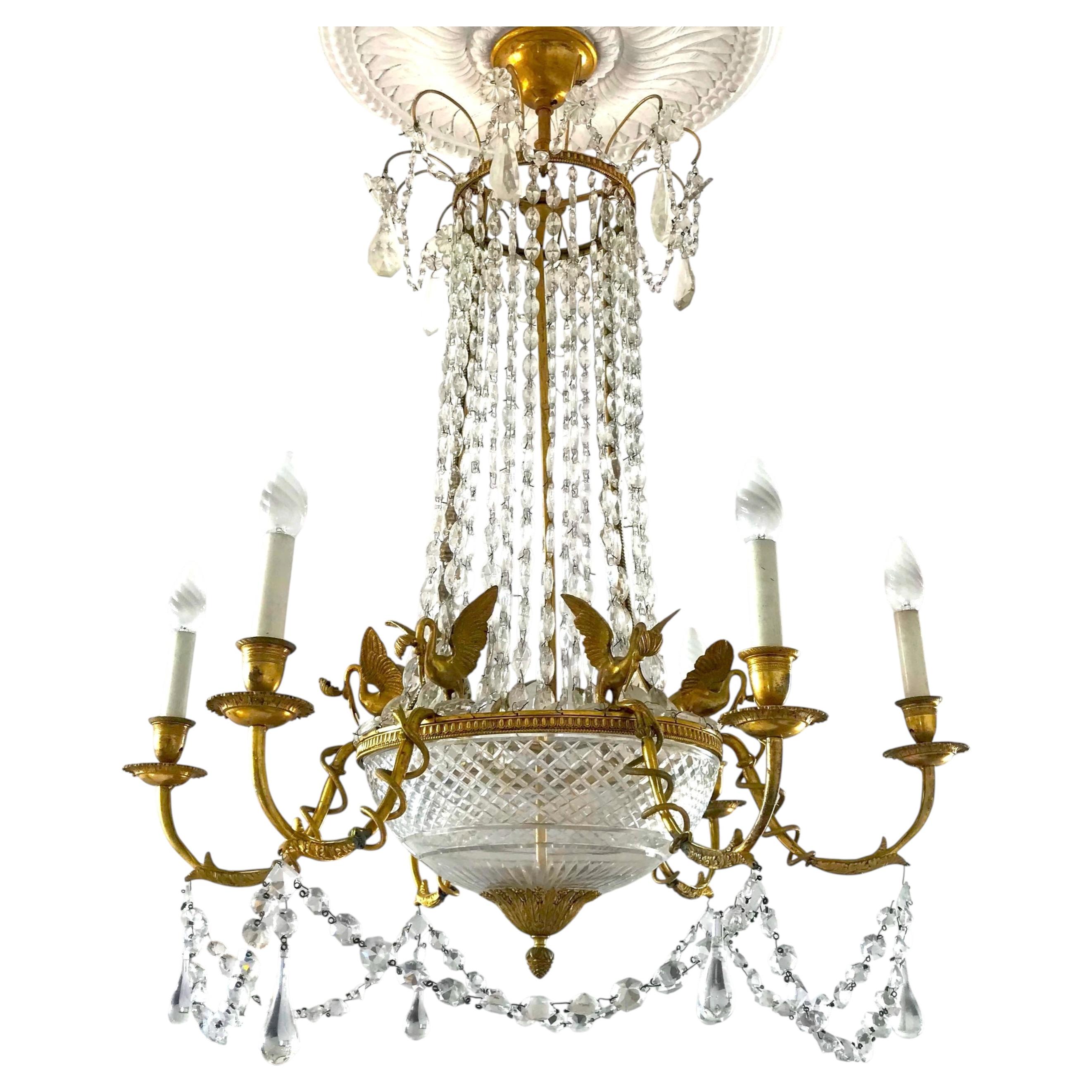 Empire Gilt Bronze and Crystal Chandelier, Six Arms, 1815 For Sale