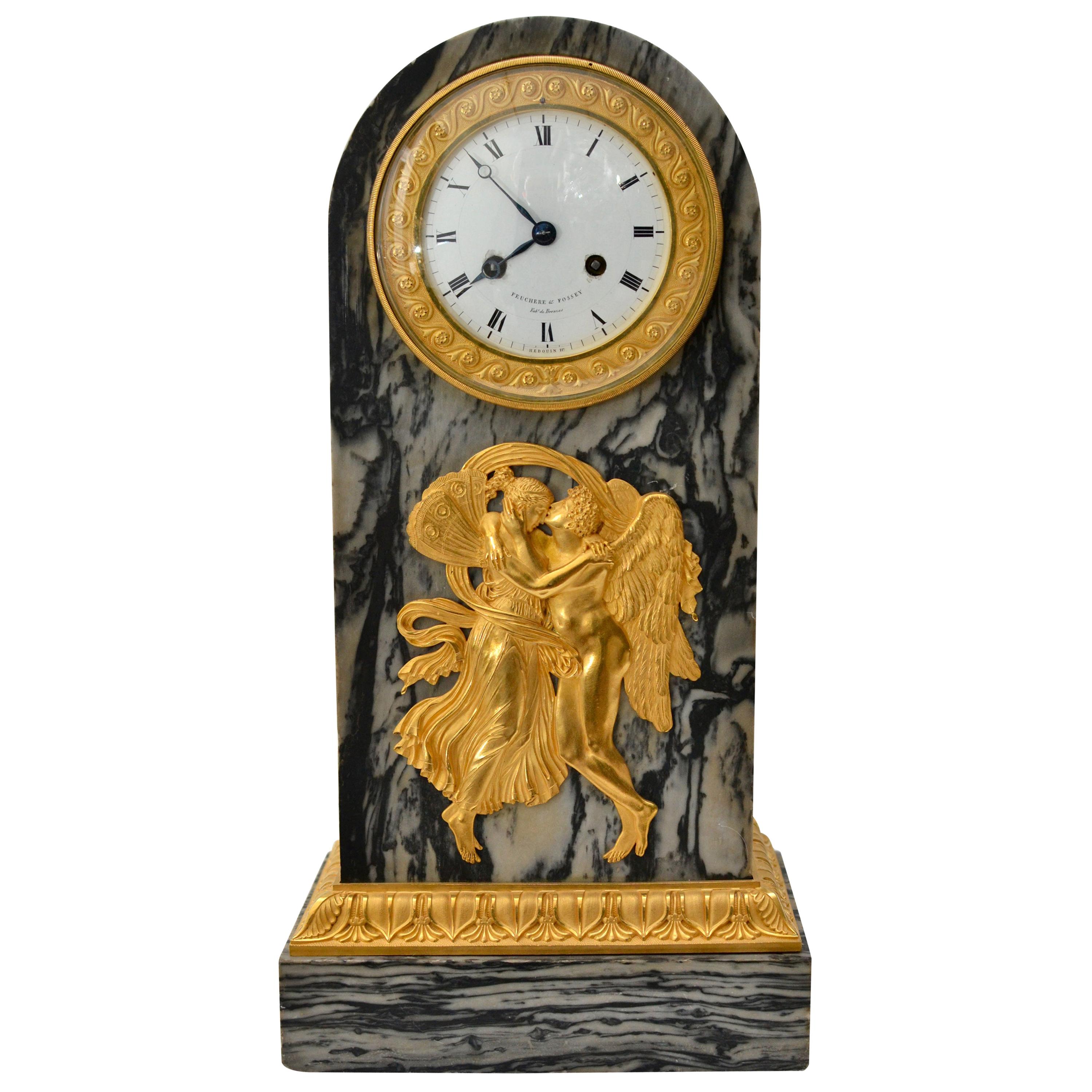 Empire Gilt Bronze and Marble Mantel Clock Signed Feuchere & Fossey and Hedou