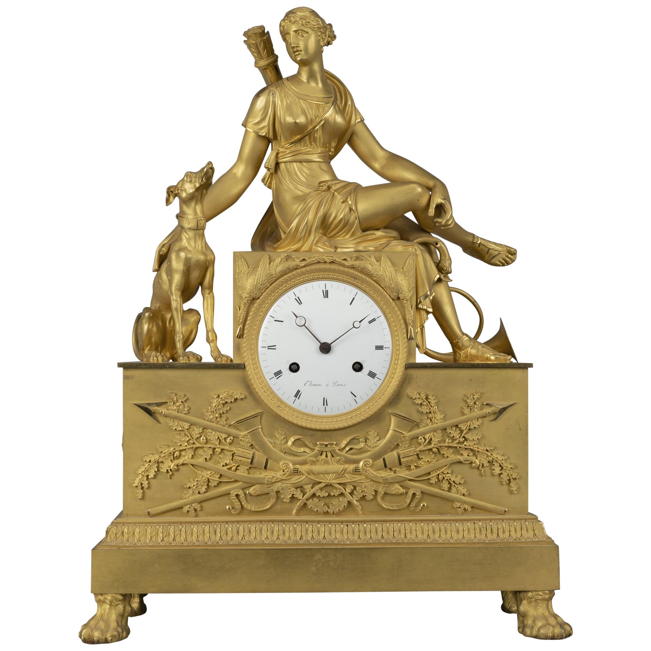 Empire Gilt-Bronze Clock Depicting Diana the Huntress. French, c 1820