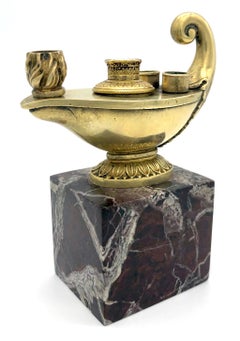 Empire Inkstand Oil Lamp Acchanthus Palm Leaves Ormulu Bronze Marble