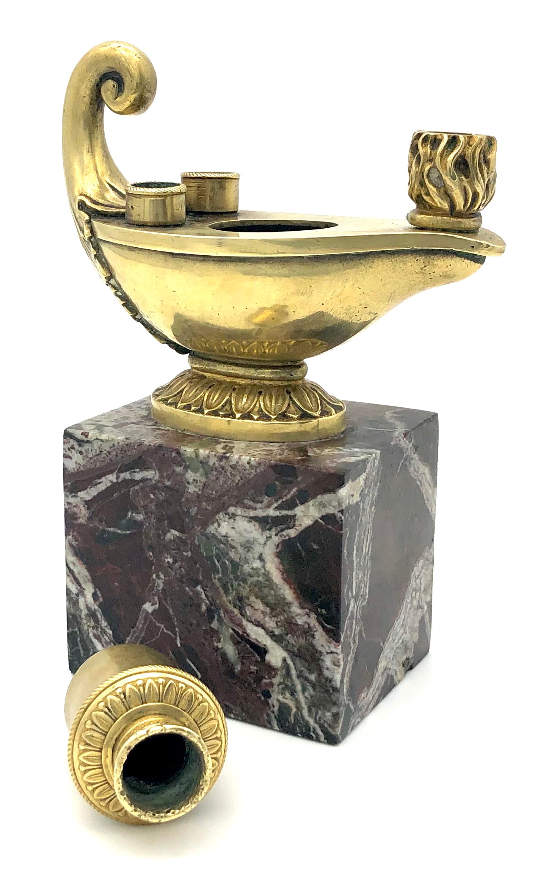 Empire Inkstand Oil Lamp Acchanthus Palm Leaves Ormulu Bronze Marble For Sale 4
