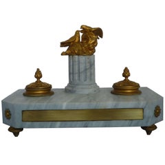 Empire Inkwell in White Marble with Pair of Golden Bronze Eagles on Column