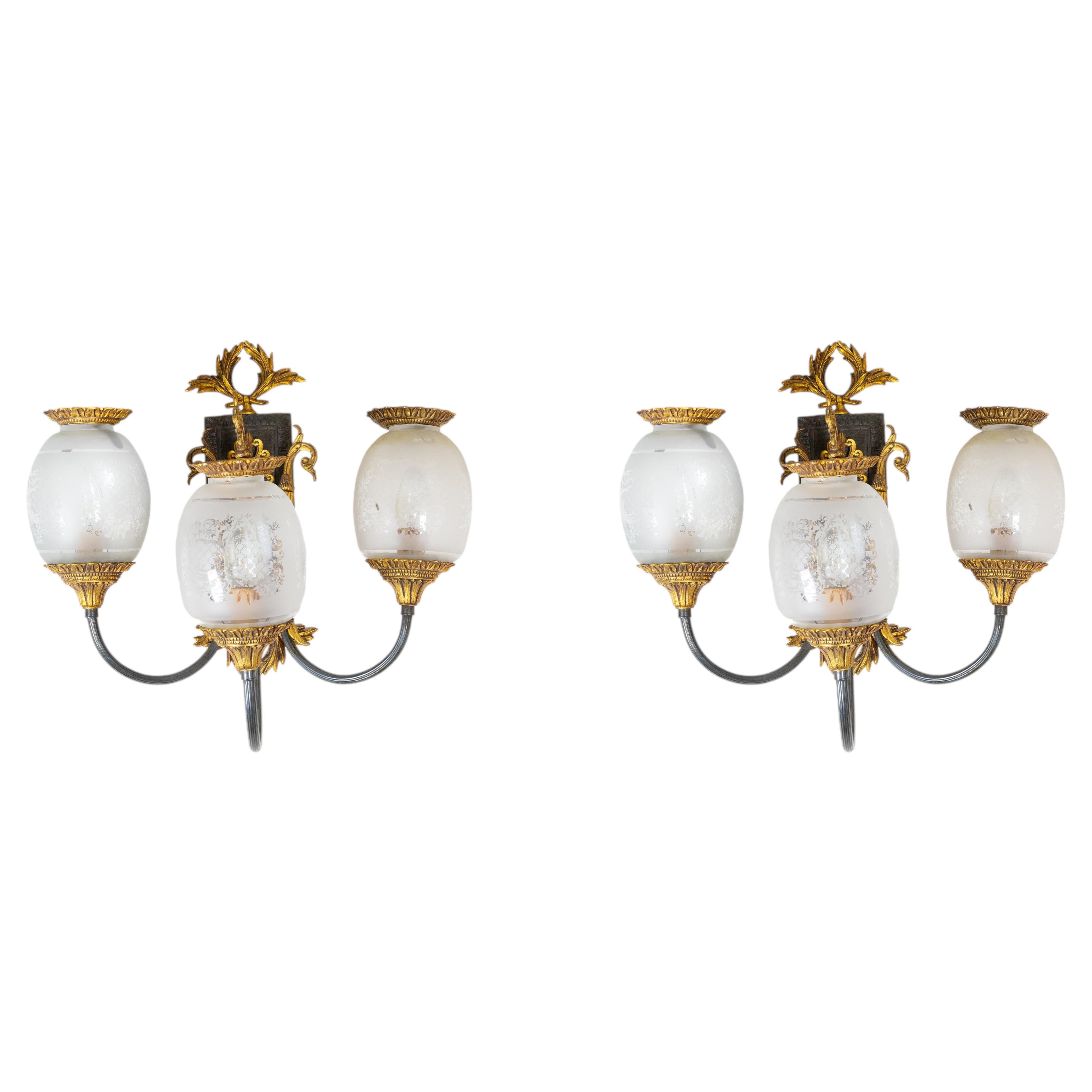 Empire Inspired Bronze Wall Sconces, Three Lights, 20th Century Design