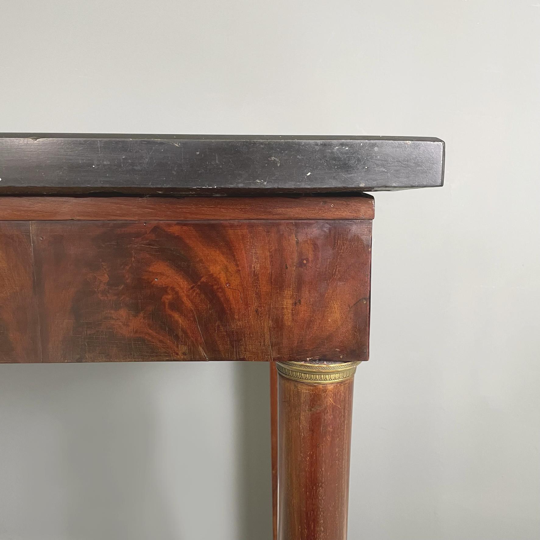 Walnut Empire Italian console in black marble, bronze and walnut wood, 1820-1830s For Sale