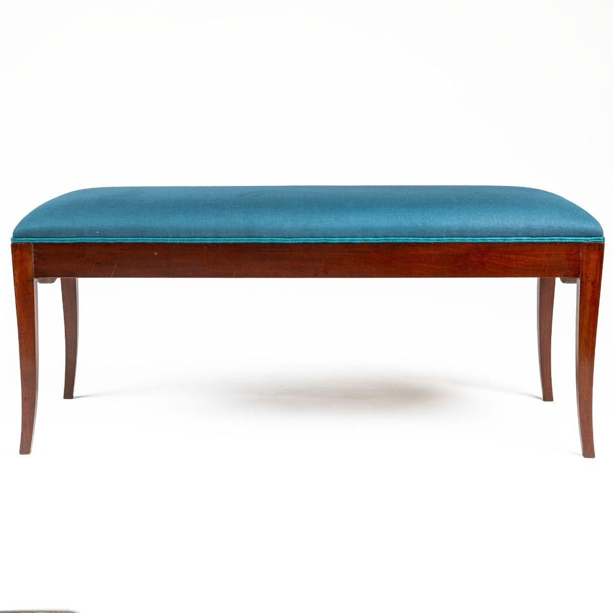 Italian Empire Mahogany Bench with Blue Linen Upholstery, Satinwood and Gilt Bronze I For Sale