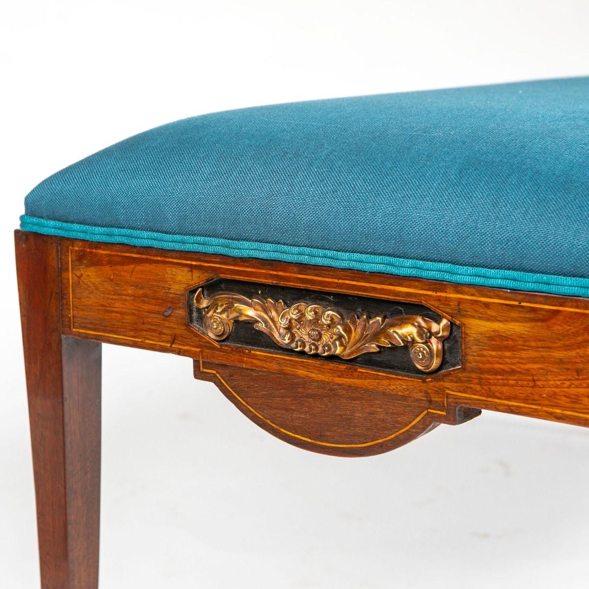 19th Century Empire Mahogany Bench with Blue Linen Upholstery, Satinwood and Gilt Bronze I For Sale