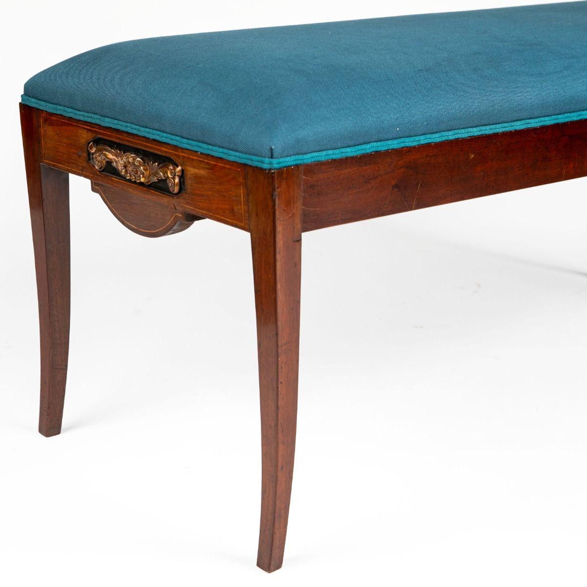 Empire Mahogany Bench with Blue Linen Upholstery, Satinwood and Gilt Bronze I For Sale 1