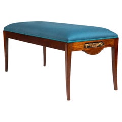 Empire Mahogany Bench with Blue Linen Upholstery, Satinwood and Gilt Bronze I
