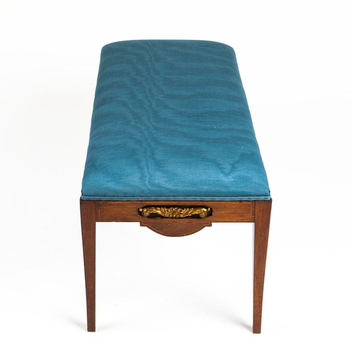 Danish Empire Mahogany Bench with Blue Upholstery, Satinwood and Gilt Bronze Inlay For Sale
