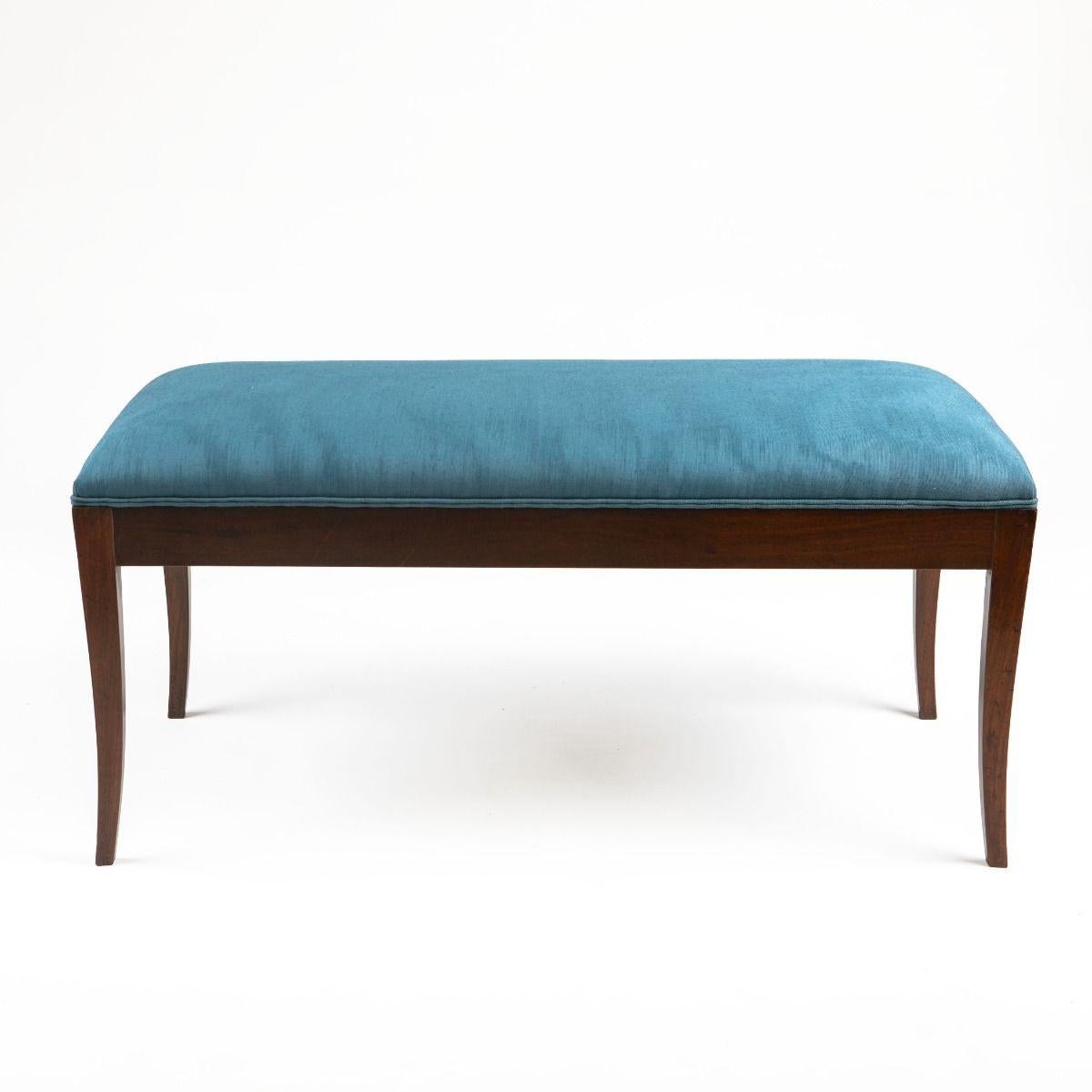 19th Century Empire Mahogany Bench with Blue Upholstery, Satinwood and Gilt Bronze Inlay For Sale