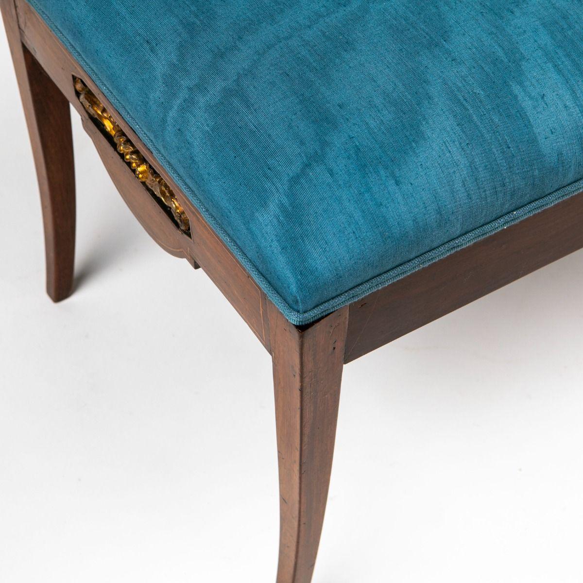Empire Mahogany Bench with Blue Upholstery, Satinwood and Gilt Bronze Inlay For Sale 2