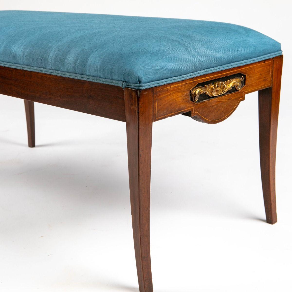 Empire Mahogany Bench with Blue Upholstery, Satinwood and Gilt Bronze Inlay For Sale 3