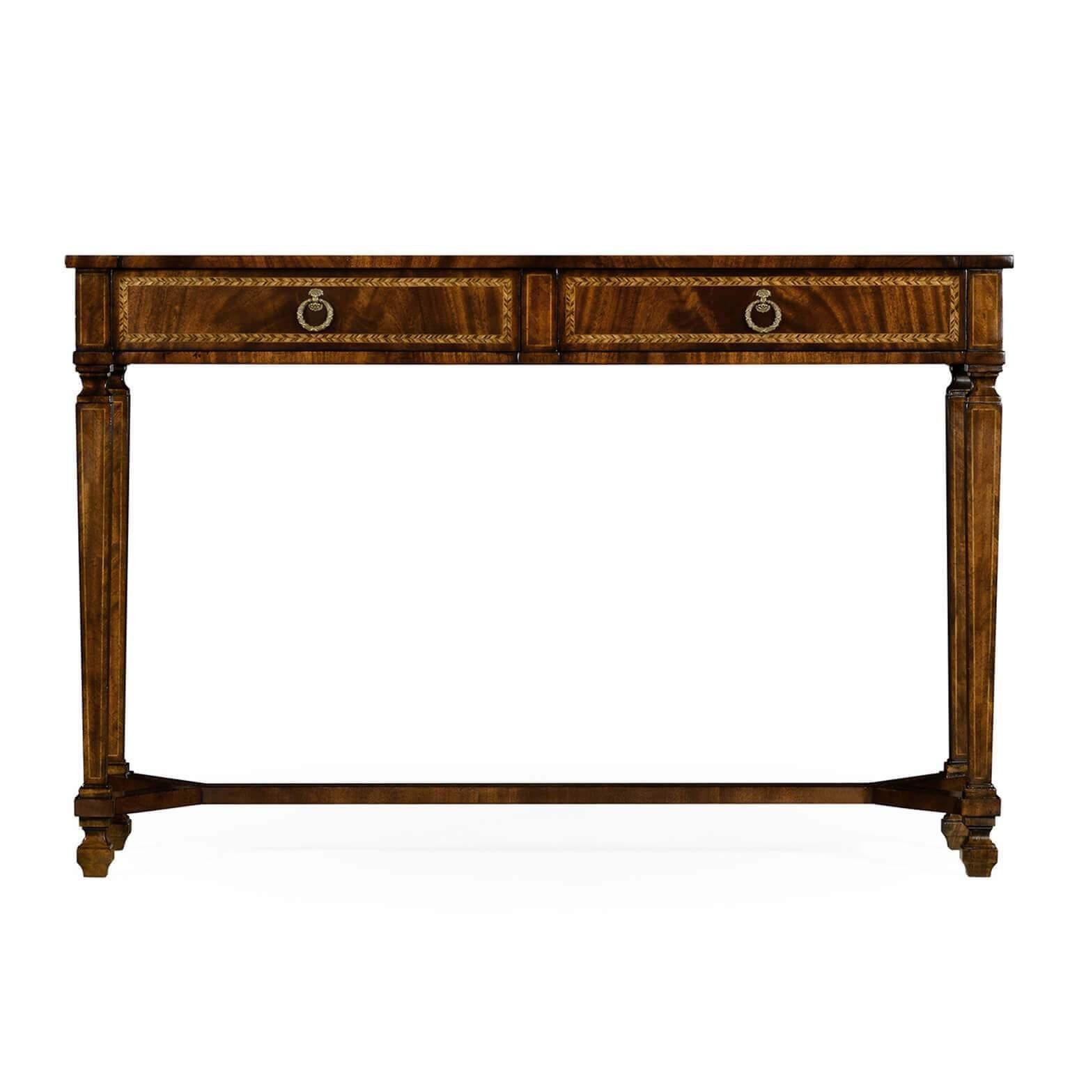 French Empire style mahogany veneered console table with two drawers. Fine geometric herringbone inlays throughout and raised on tapering square legs and a Y-frame stretcher.

Dimensions: 54