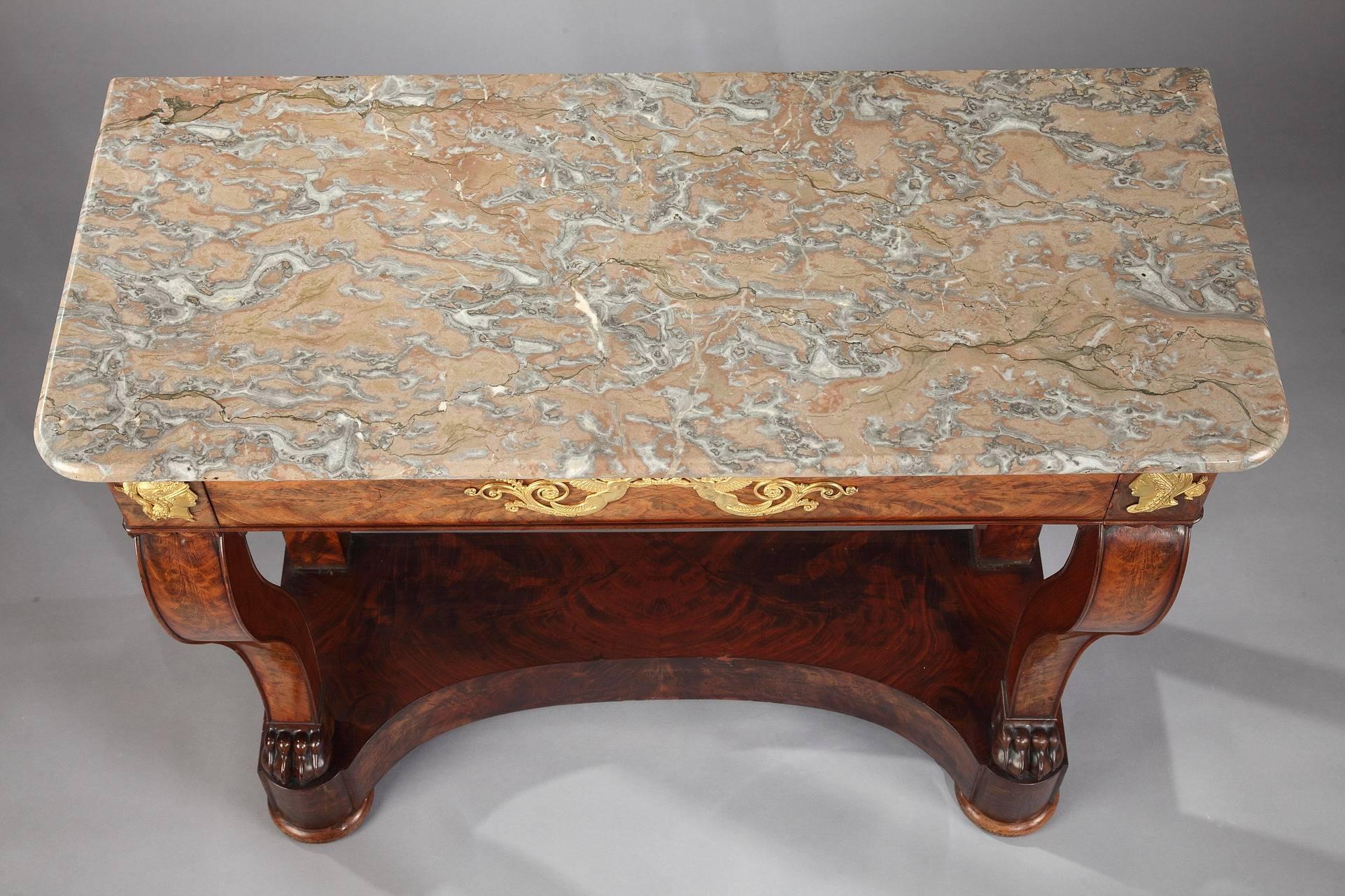 Marble Empire Mahogany Console Table Stamped by Othon Kolping