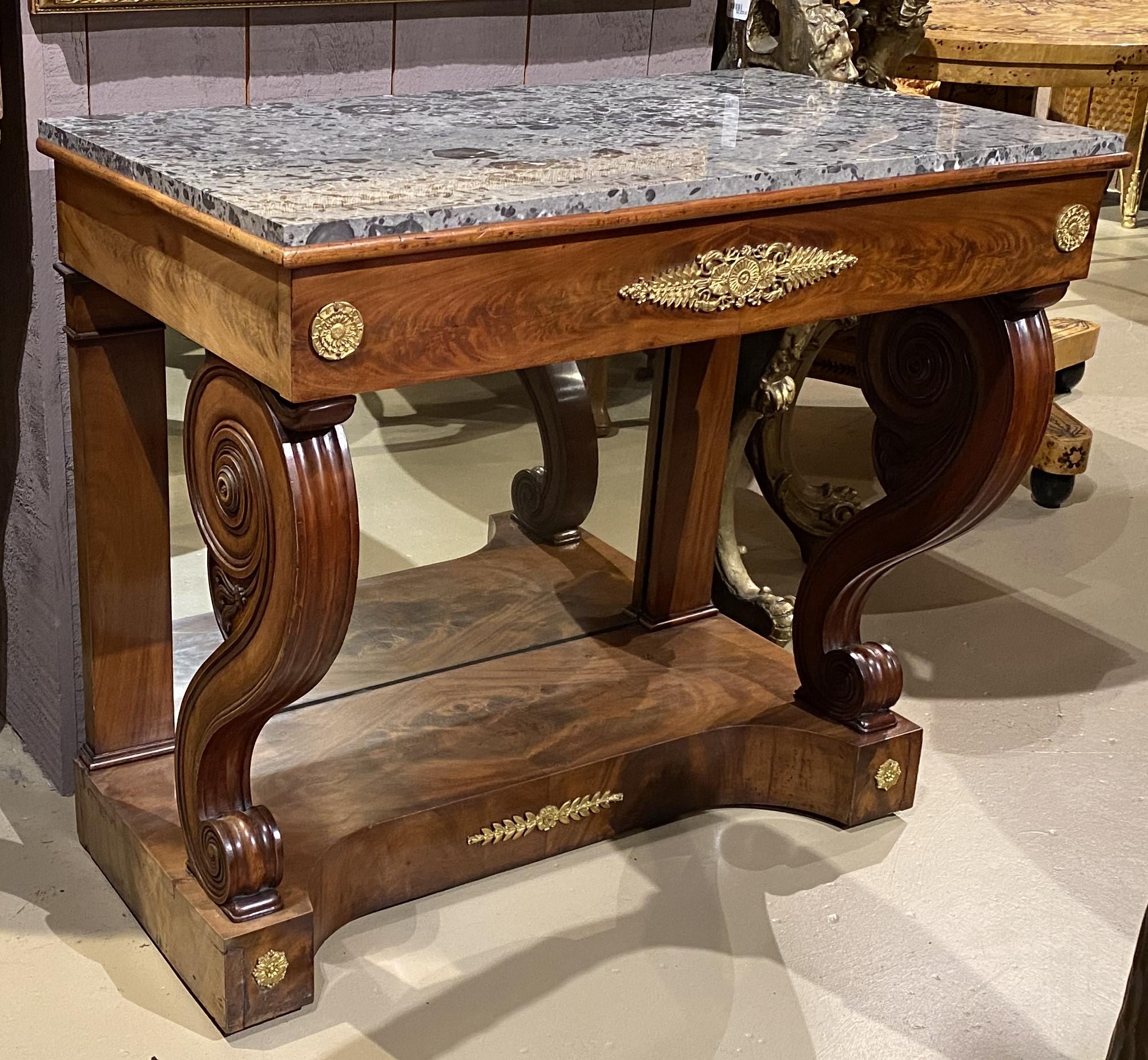 Un bello ejemplo de consola Imperio rectangular con tapa de mármol, patas delanteras finamente talladas con roleos, chapas de caoba figurada, ormolu aplicado y base trasera de espejo. Probablemente de origen francés, de hacia 1825, en buen estado,