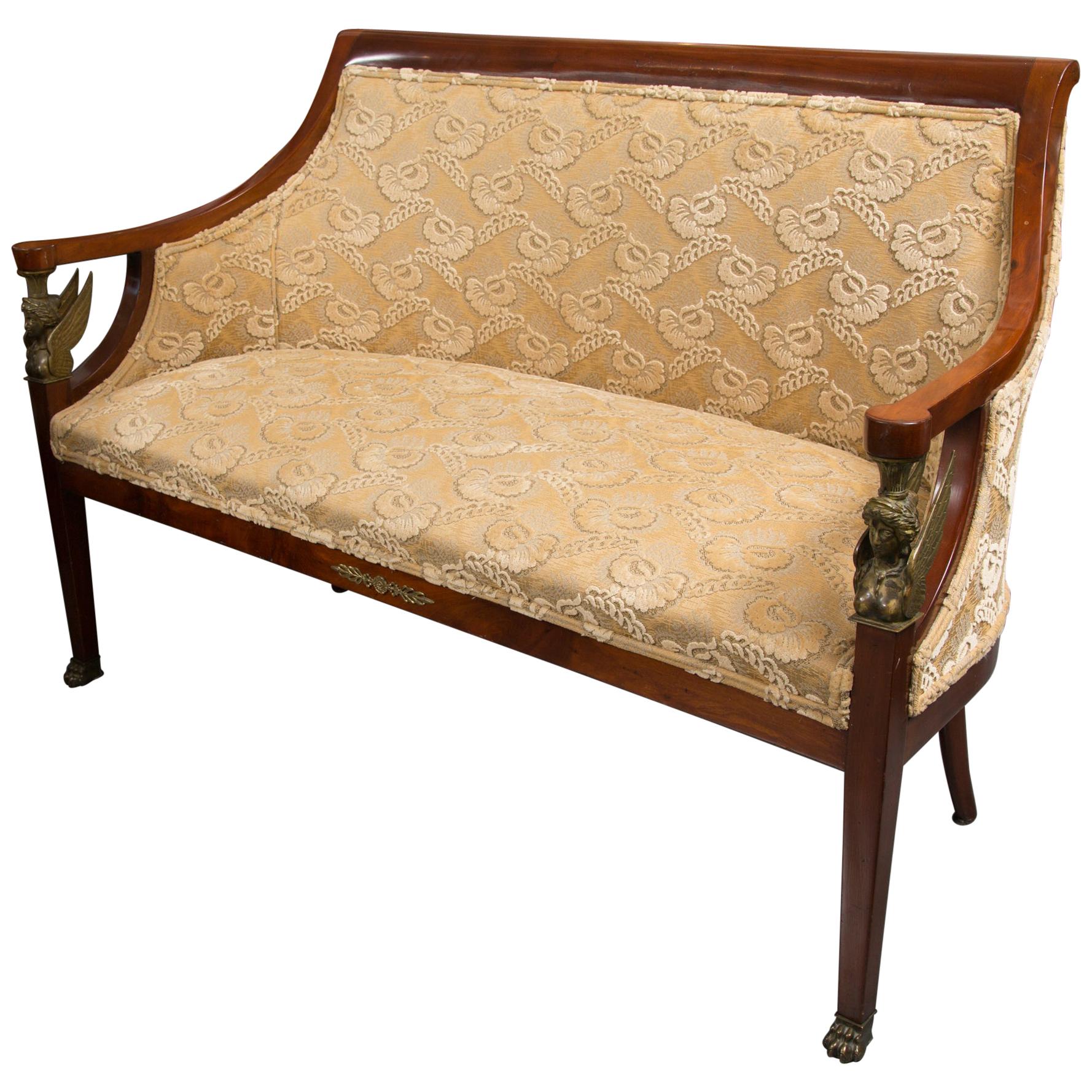 Empire Mahogany Settee with Gilt Metal Decoration For Sale