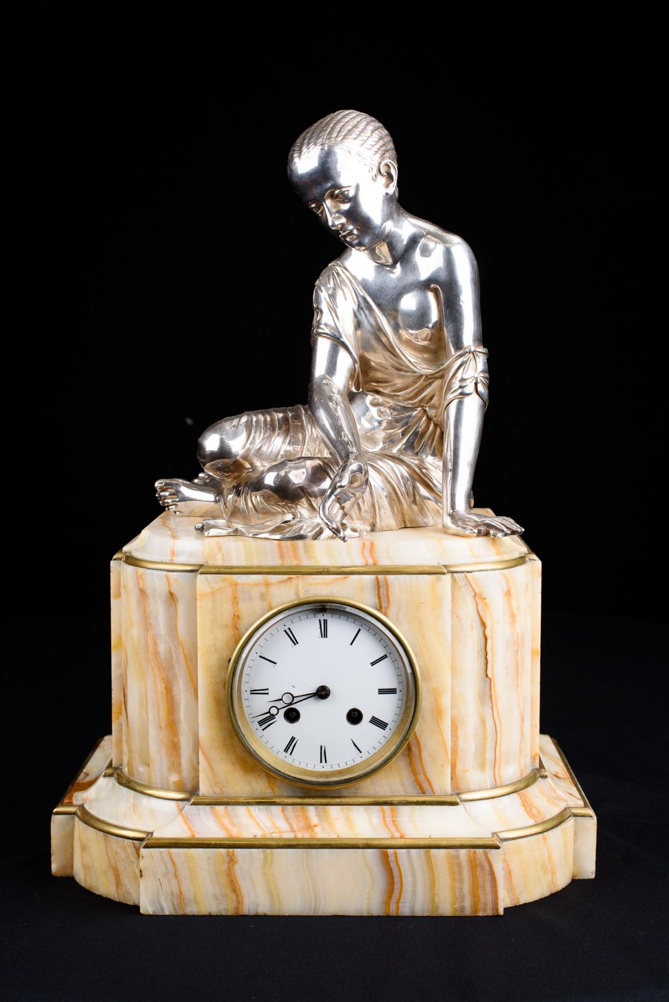 Empire Mantel Carriage Clock Onyx and Silver Plate Female Figurine For Sale 6