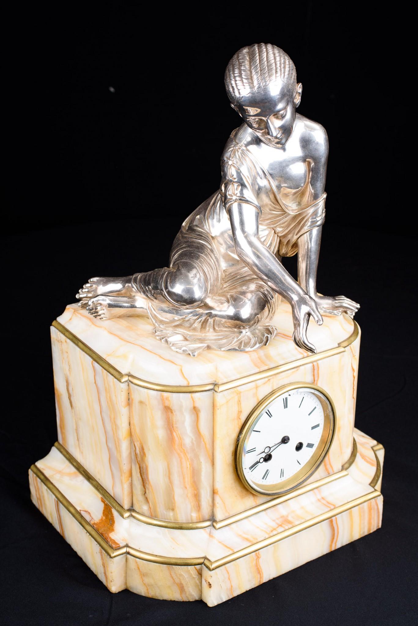 Empire Mantel Carriage Clock Onyx and Silver Plate Female Figurine In Good Condition For Sale In Potters Bar, GB
