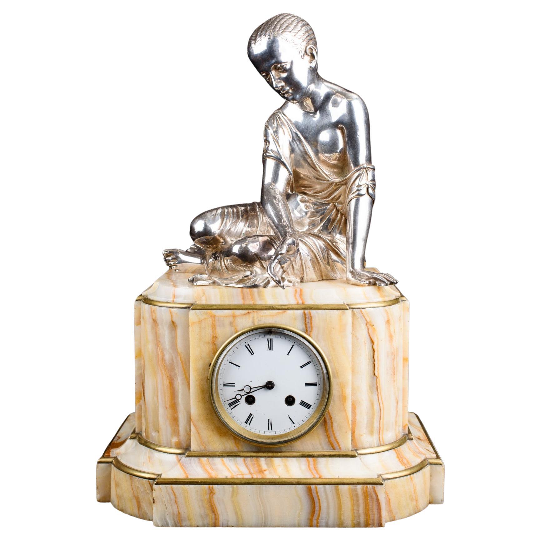 Empire Mantel Carriage Clock Onyx and Silver Plate Female Figurine For Sale