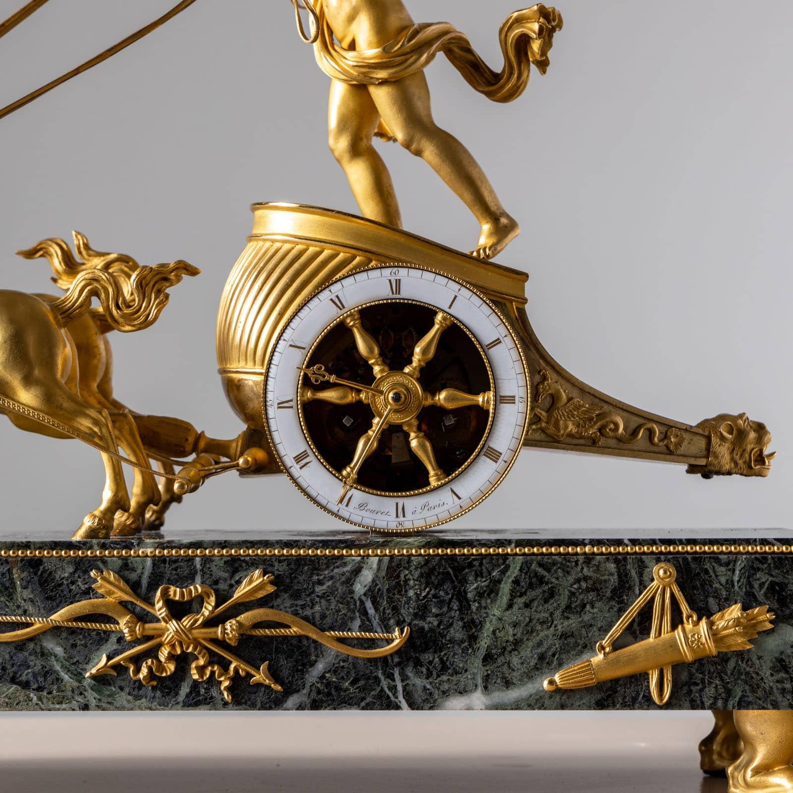 French Empire Mantel Clock “au Char de l’Amour”, signed Bourez à Paris, circa 1810 For Sale