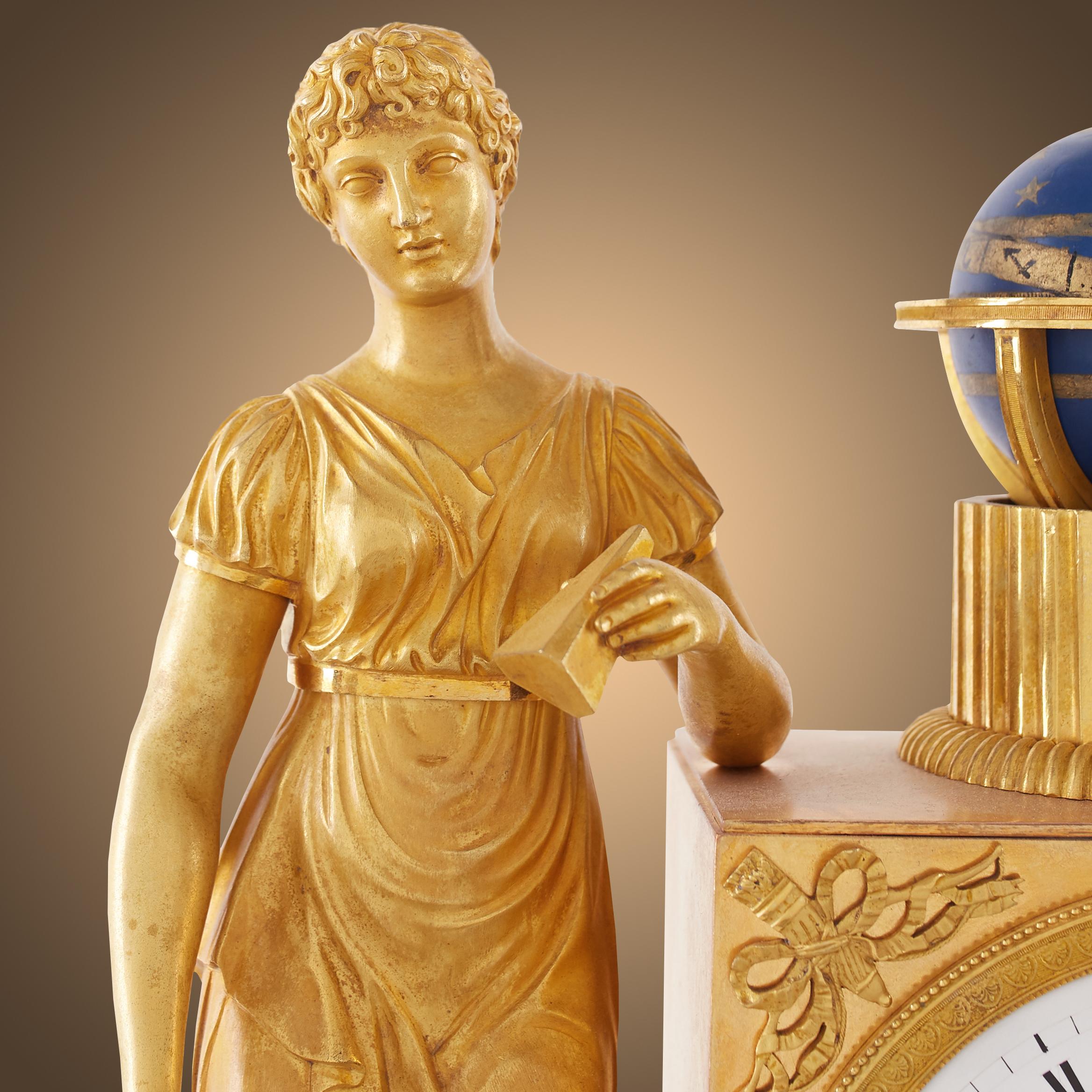 Empire Mantel Clock in Gilt Bronze Depicting 