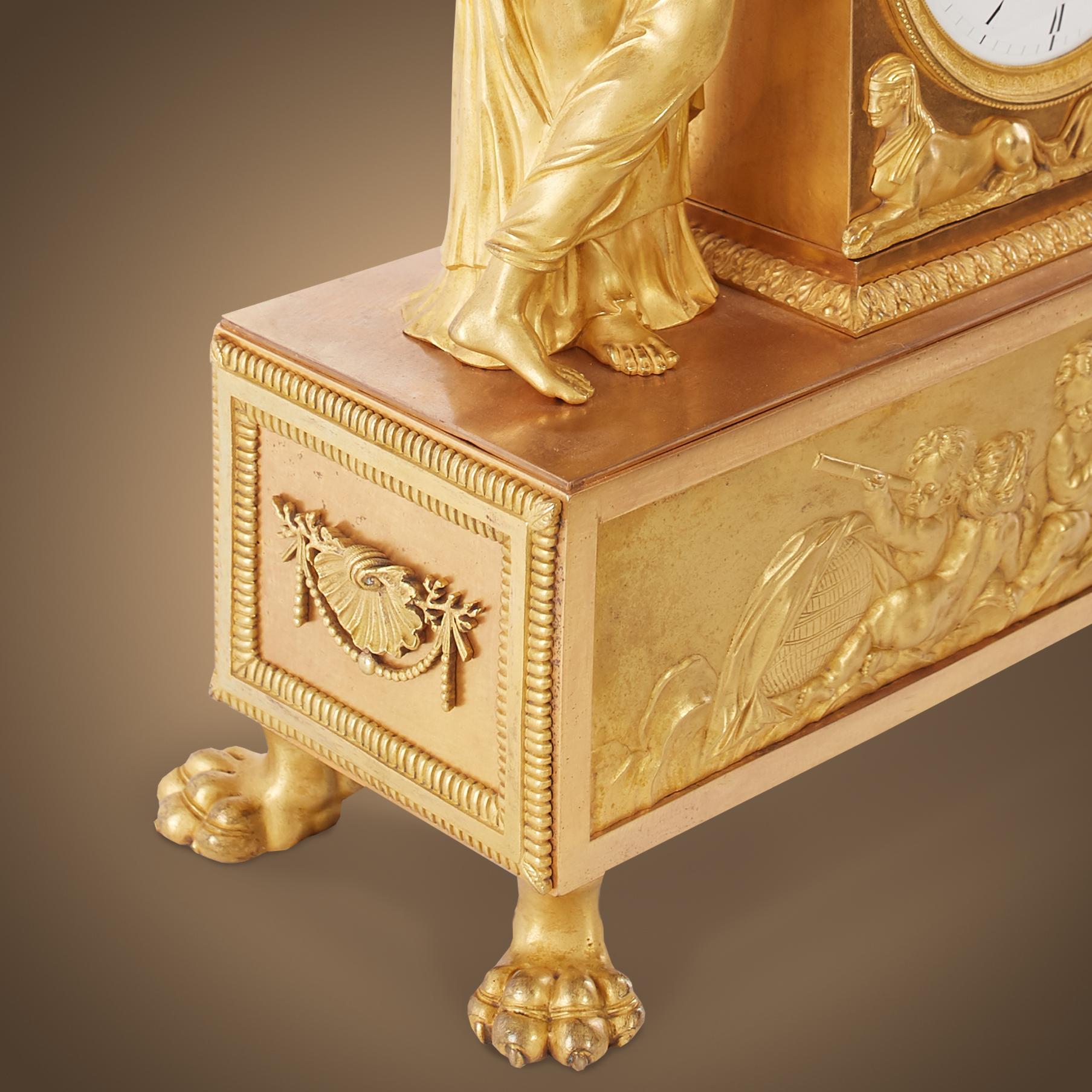 Empire Mantel Clock in Gilt Bronze Depicting 