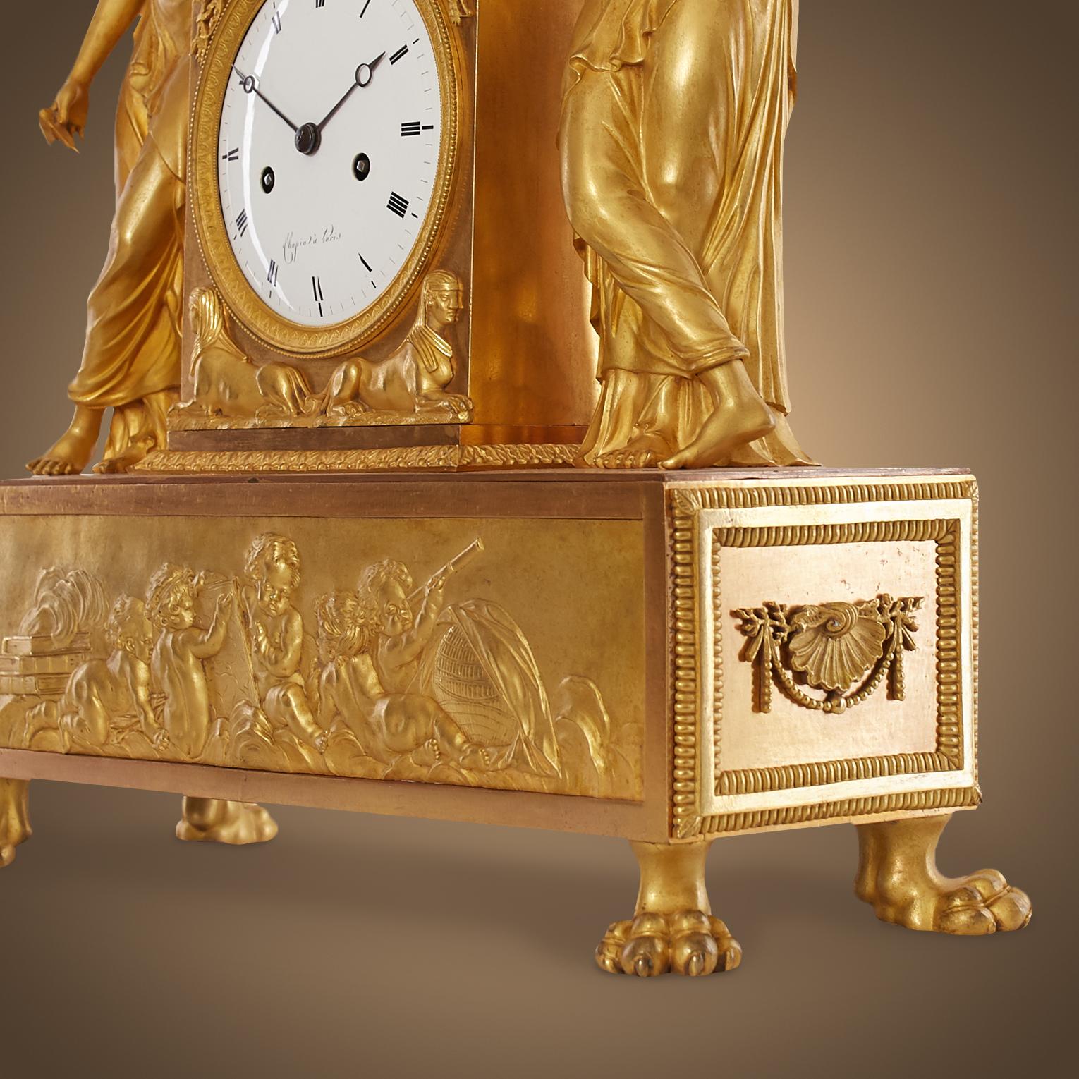 Empire Mantel Clock in Gilt Bronze Depicting 