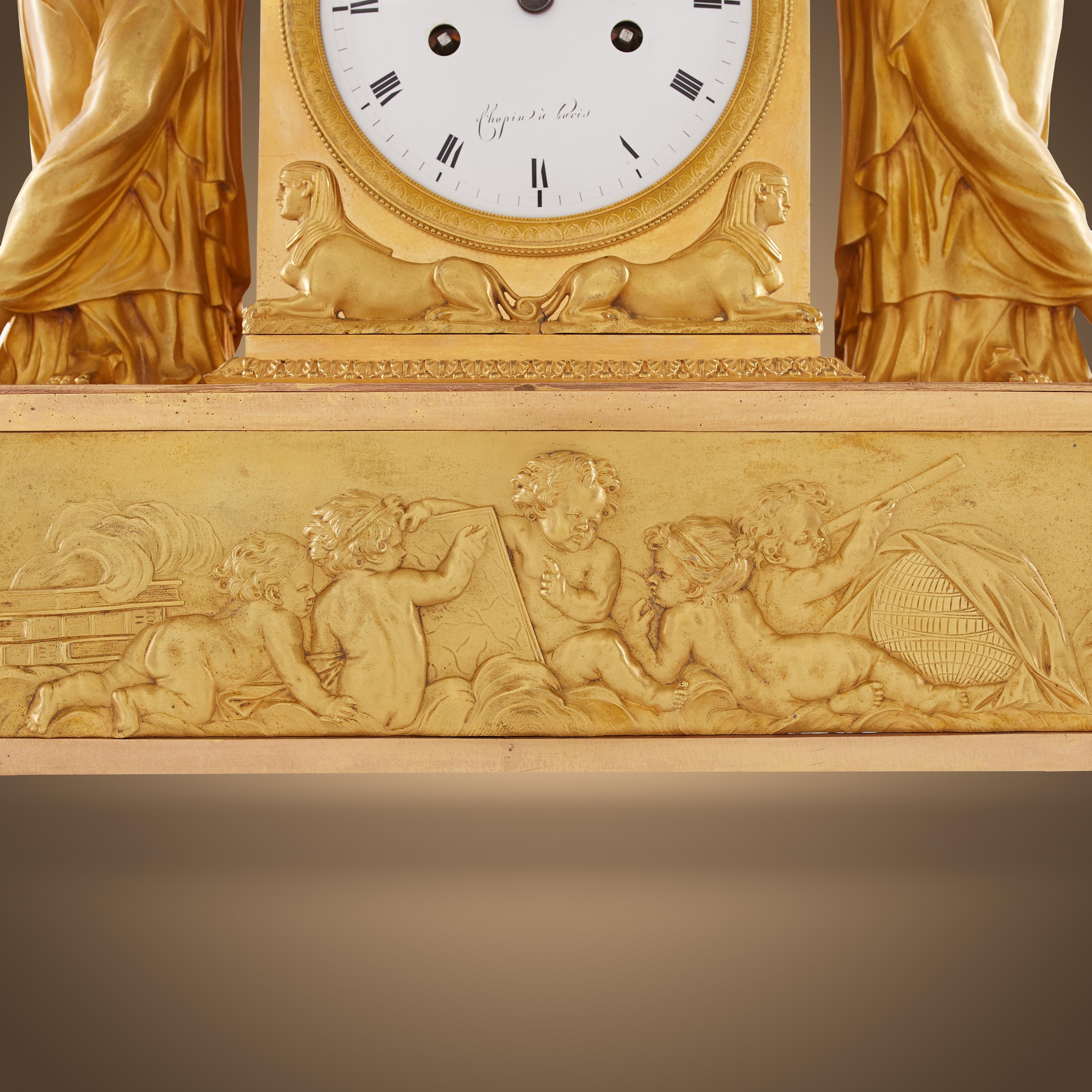 19th Century Empire Mantel Clock in Gilt Bronze Depicting 