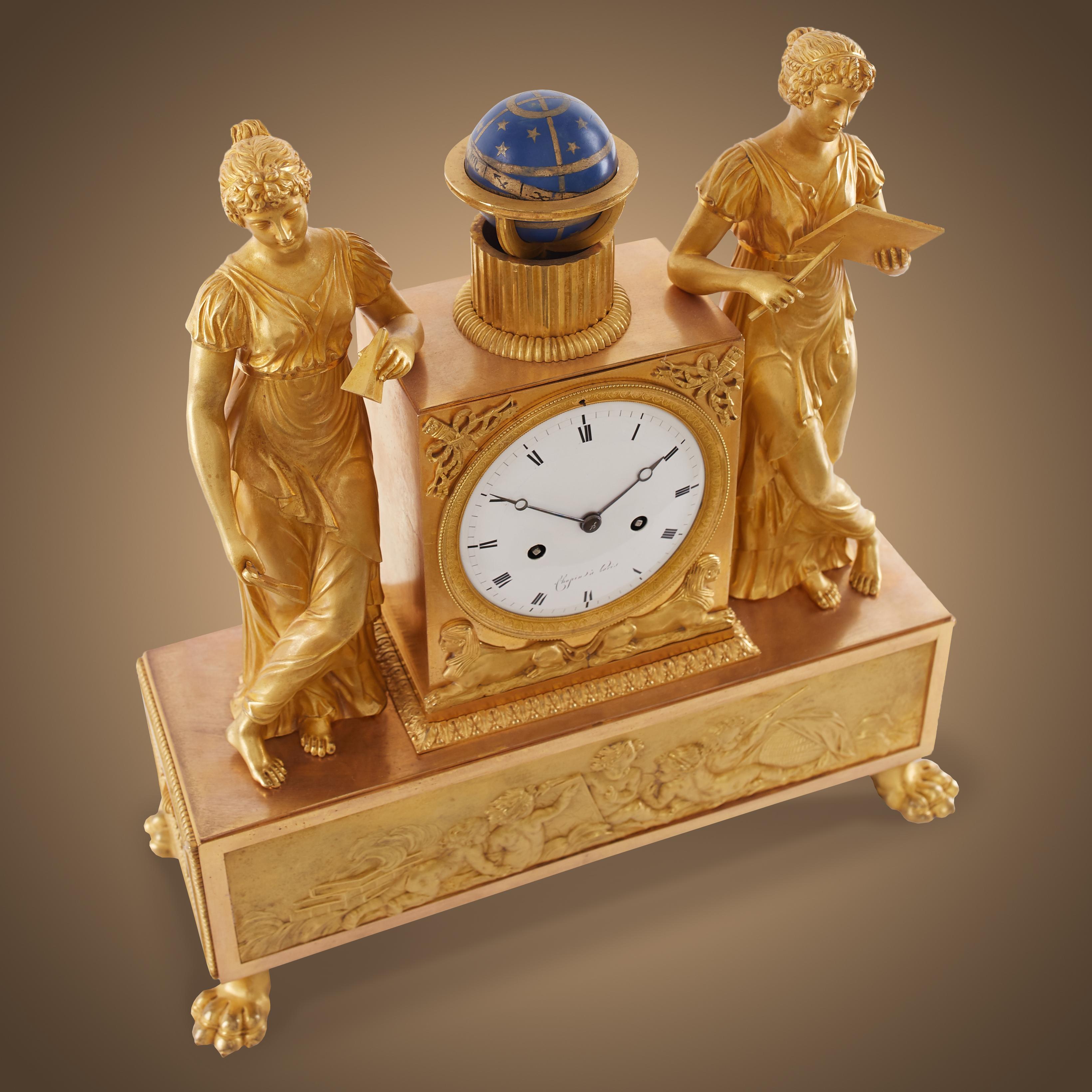 Empire Mantel Clock in Gilt Bronze Depicting 