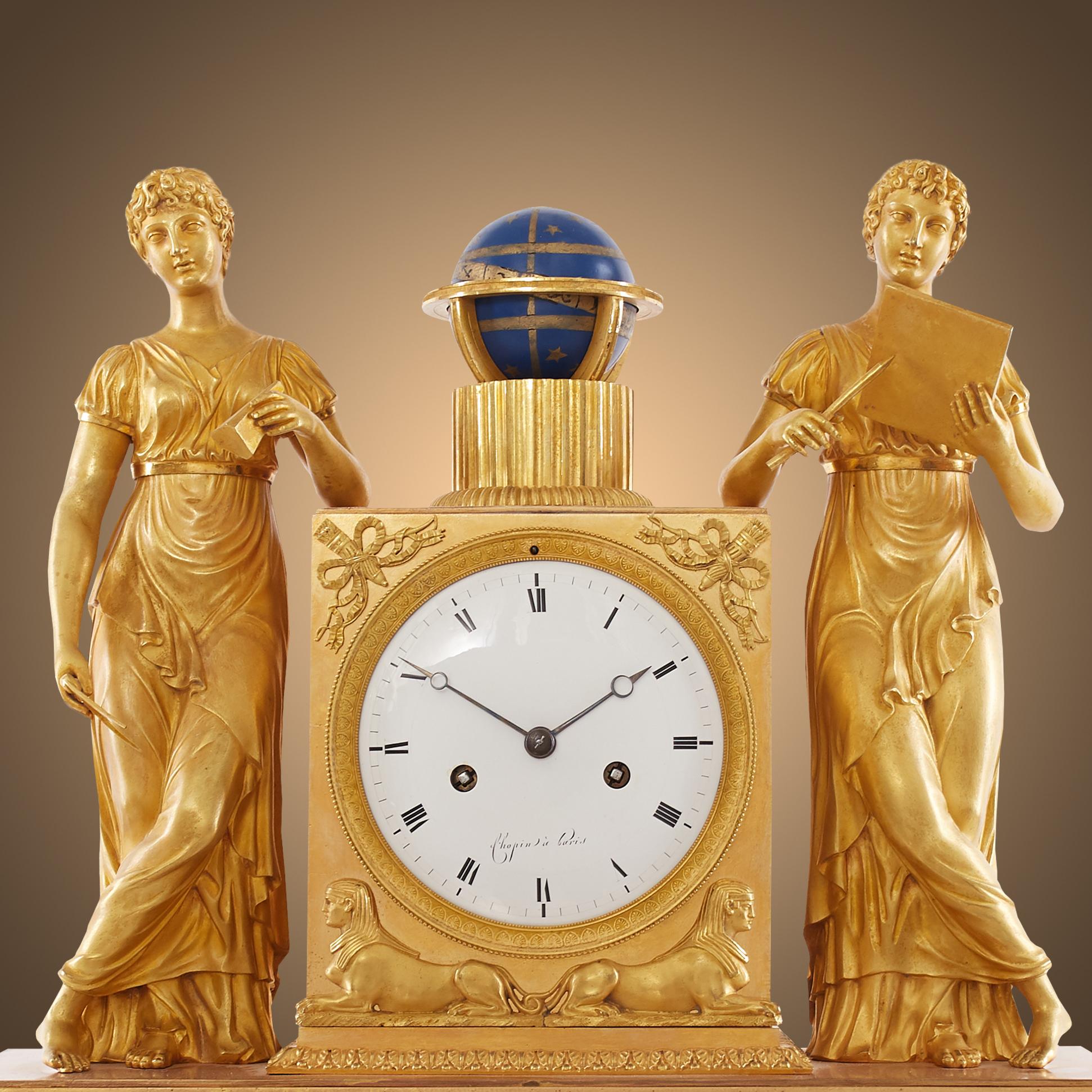 French Empire Mantel Clock in Gilt Bronze Depicting 