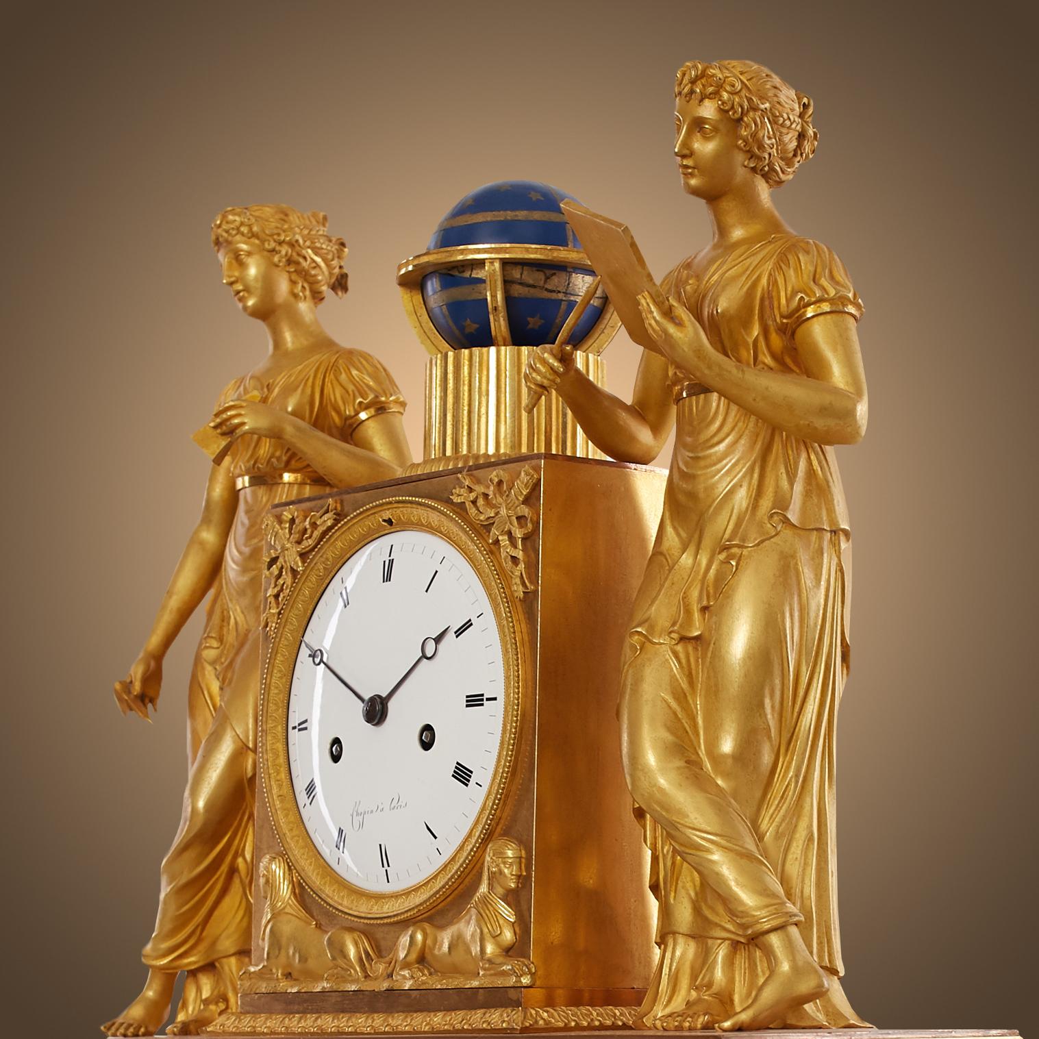 Empire Mantel Clock in Gilt Bronze Depicting 