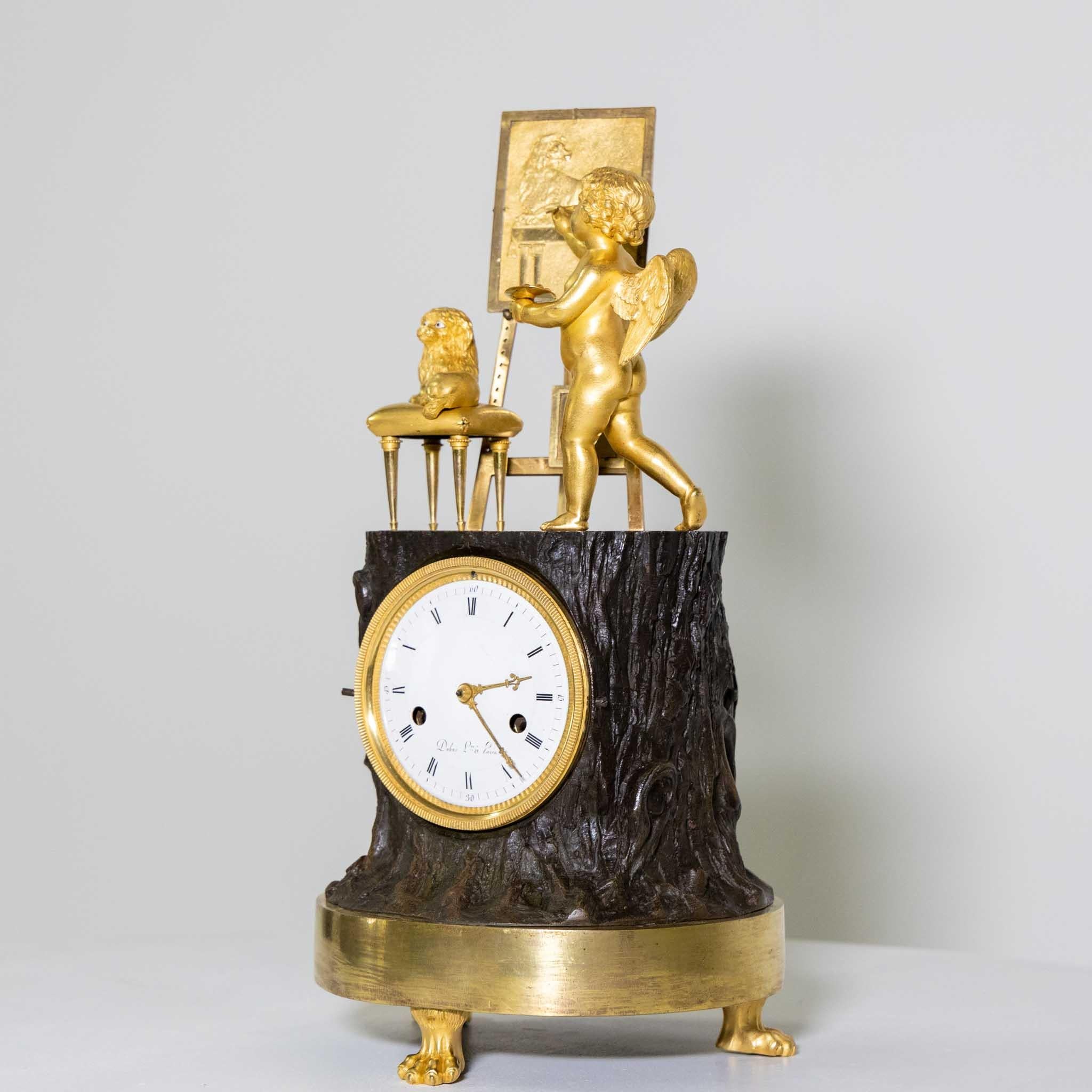 Brass Empire Mantel Clock with Amor as Painter, Dubuc À Paris, circa 1810